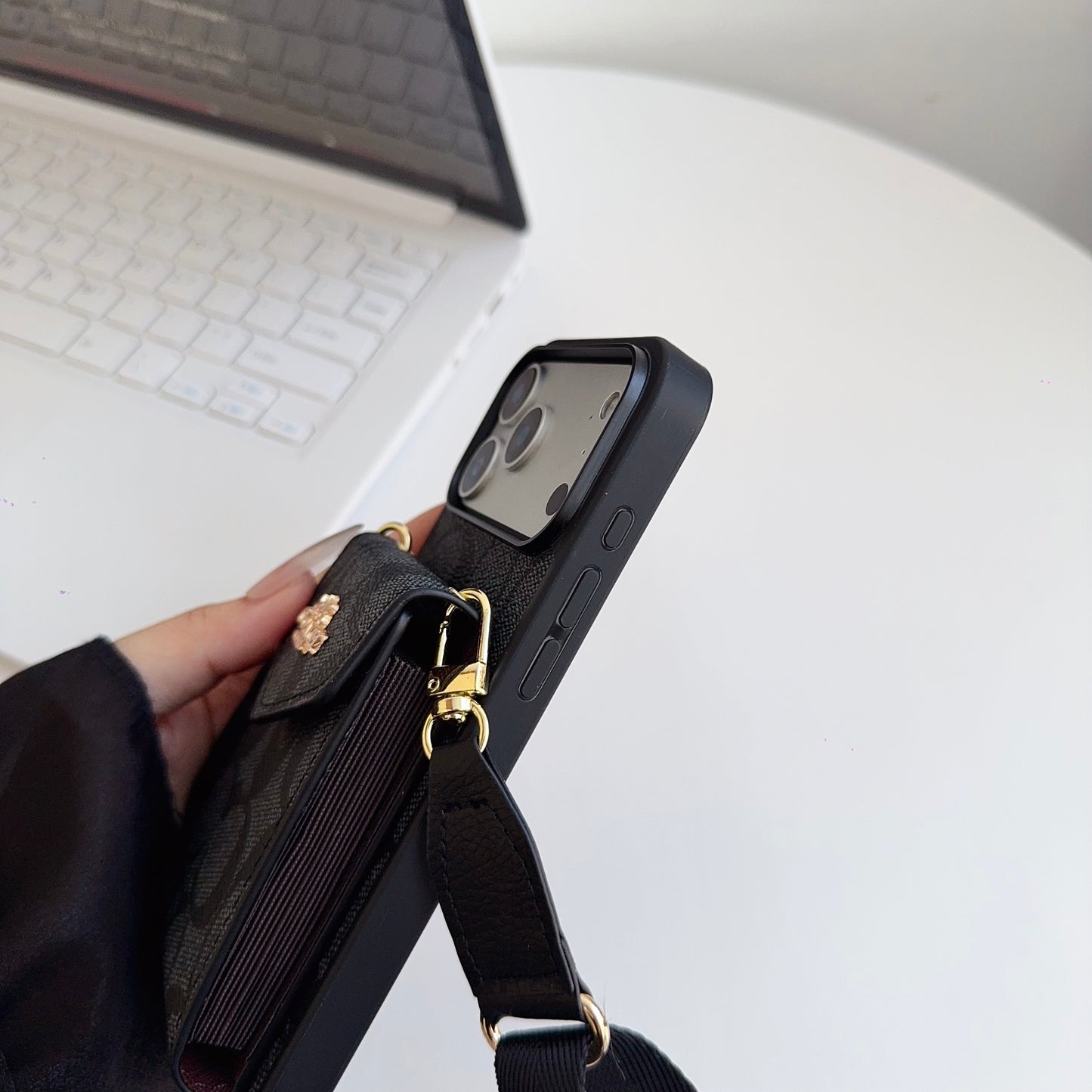 Leather CH iPhone Case With Card Holder And Strap-CFP251105