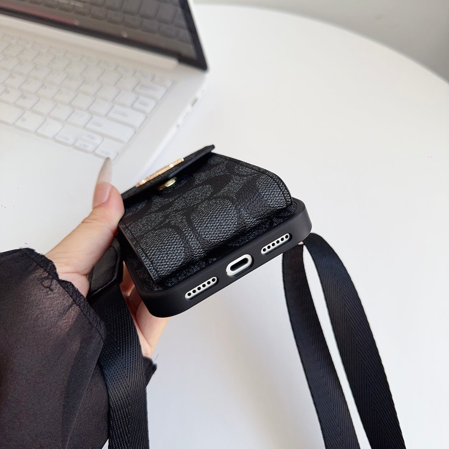 Leather CH iPhone Case With Card Holder And Strap-CFP251105