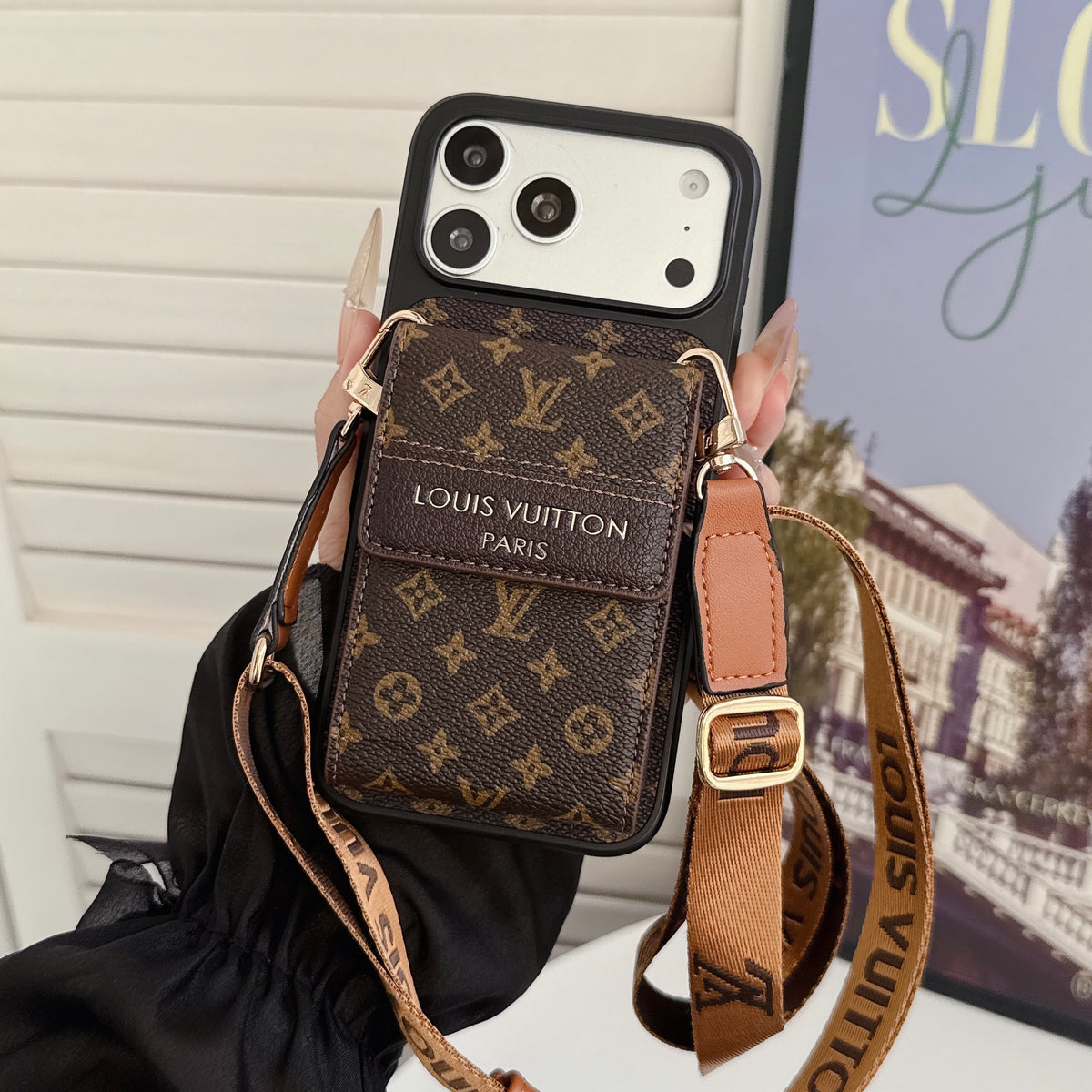 Luxury Leather Monogram iPhone Case With Card Holder And Crossbody Strap For iPhone 17 Series-CYLV214