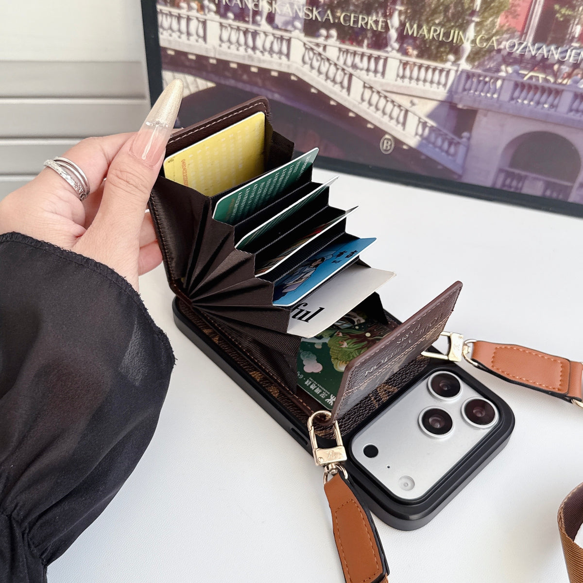 Luxury Leather Monogram iPhone Case With Card Holder And Crossbody Strap For iPhone 17 Series-CYLV214