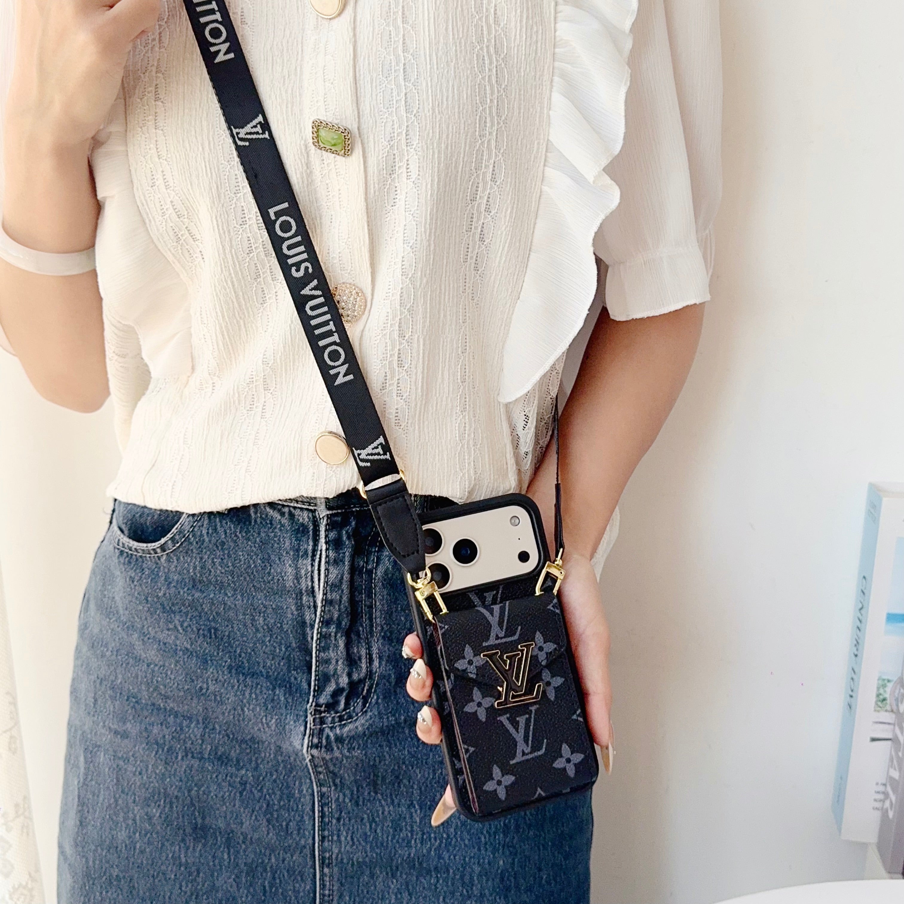 Classic Leather Monogram iPhone Case With Card Holder And Strap -CFK251126