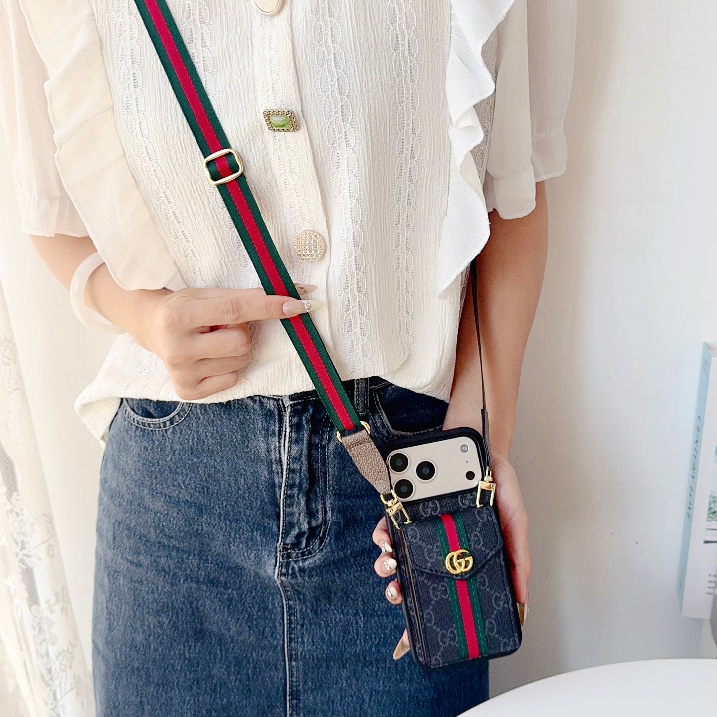 Classic Leather GG iPhone Case With Card Holder And Strap Black-CFK251106