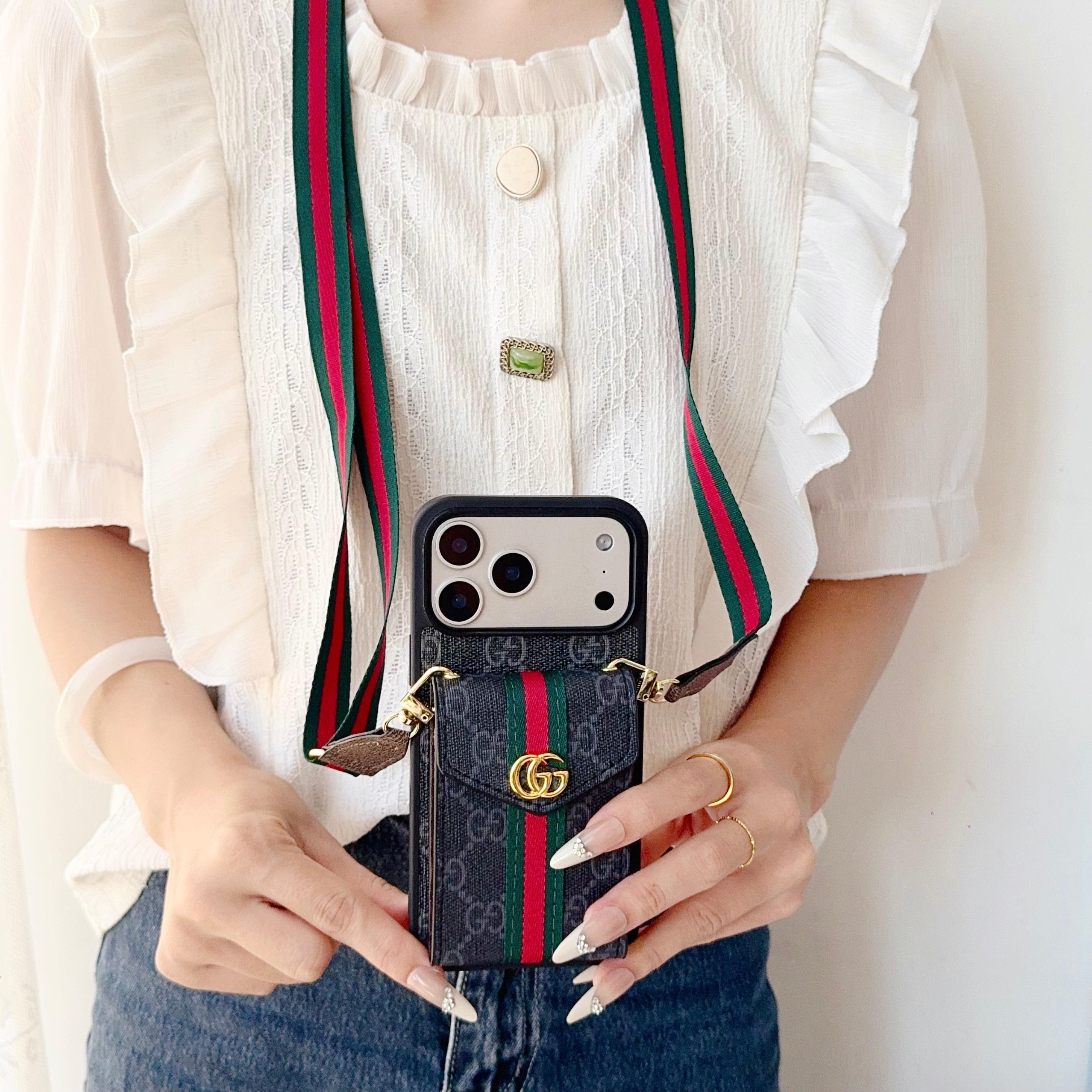 Classic Leather GG iPhone Case With Card Holder And Strap Black-CFK251106