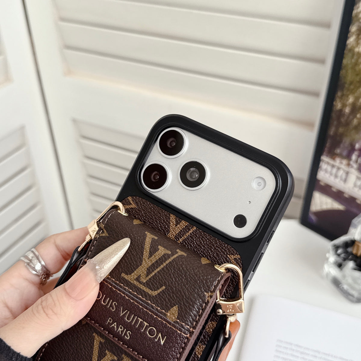 Luxury Leather Monogram iPhone Case With Card Holder And Crossbody Strap For iPhone 17 Series-CYLV214