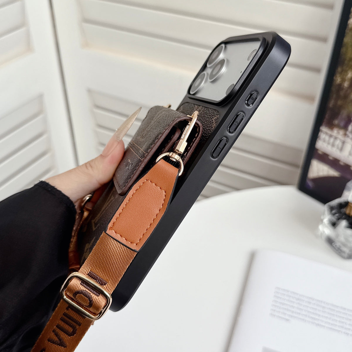 Luxury Leather Monogram iPhone Case With Card Holder And Crossbody Strap For iPhone 17 Series-CYLV214
