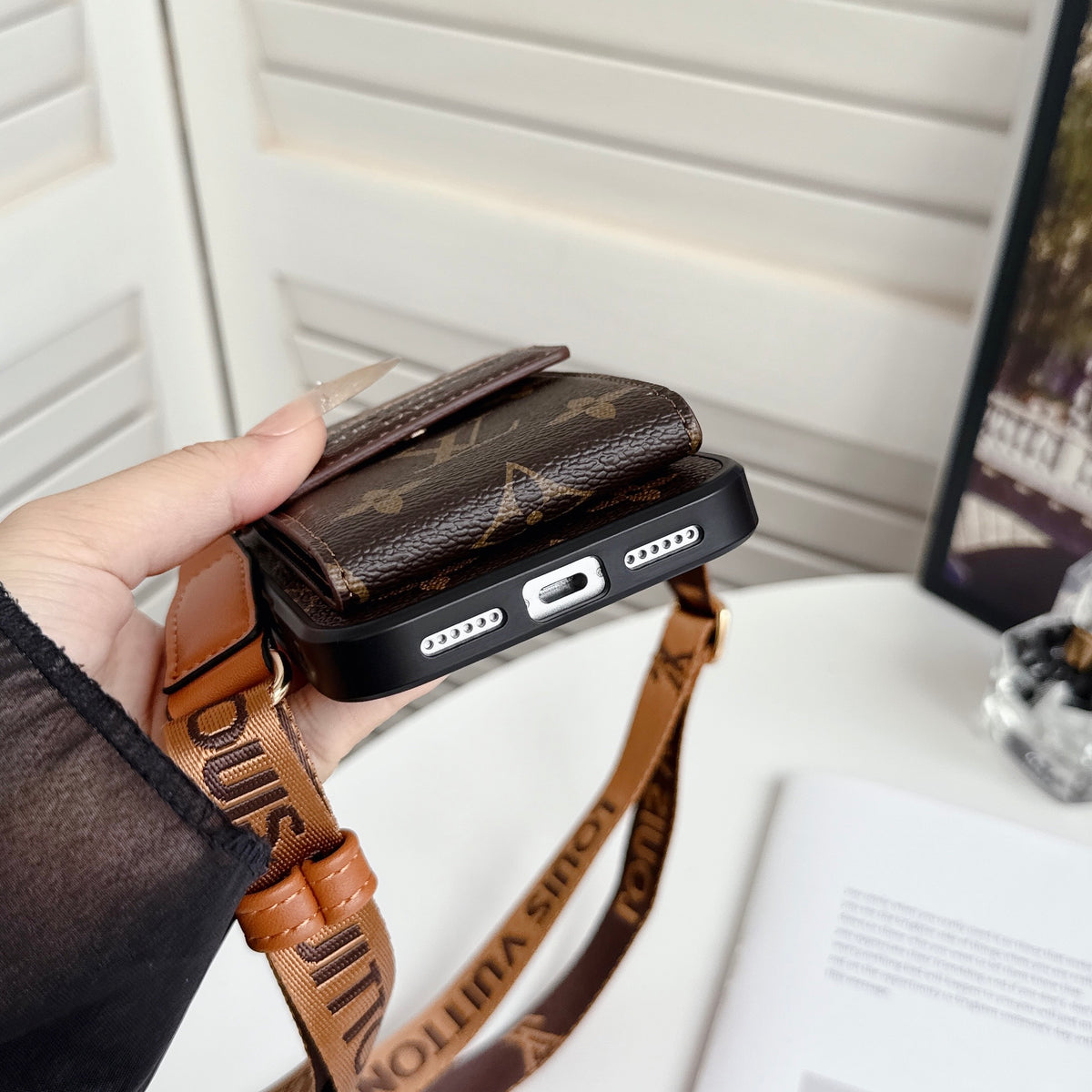 Luxury Leather Monogram iPhone Case With Card Holder And Crossbody Strap For iPhone 17 Series-CYLV214