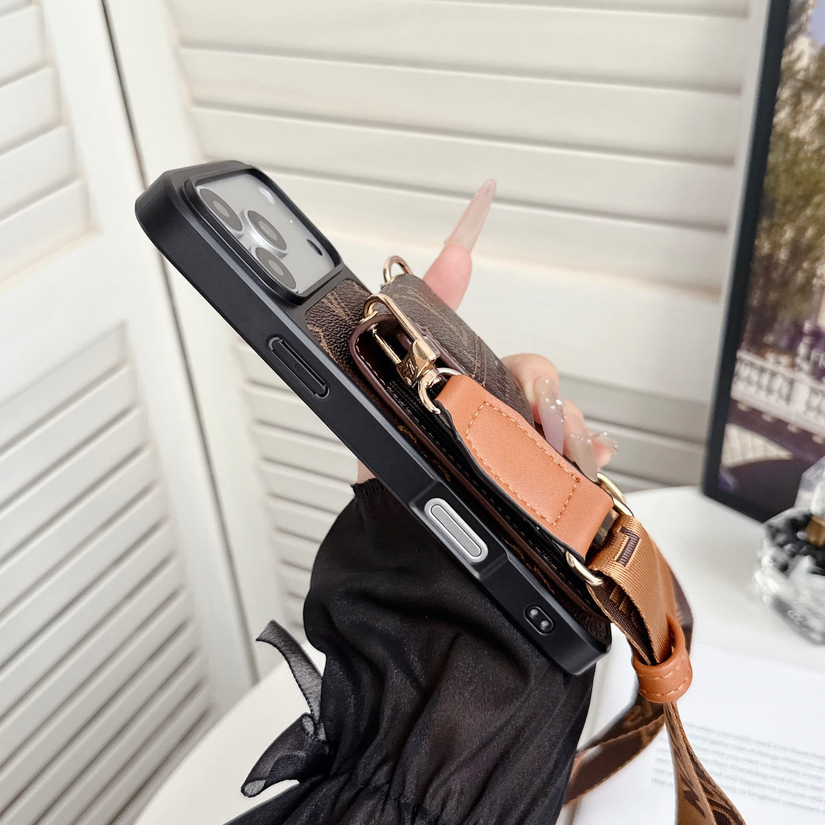 Luxury Leather Monogram iPhone Case With Card Holder And Crossbody Strap For iPhone 17 Series-CYLV214