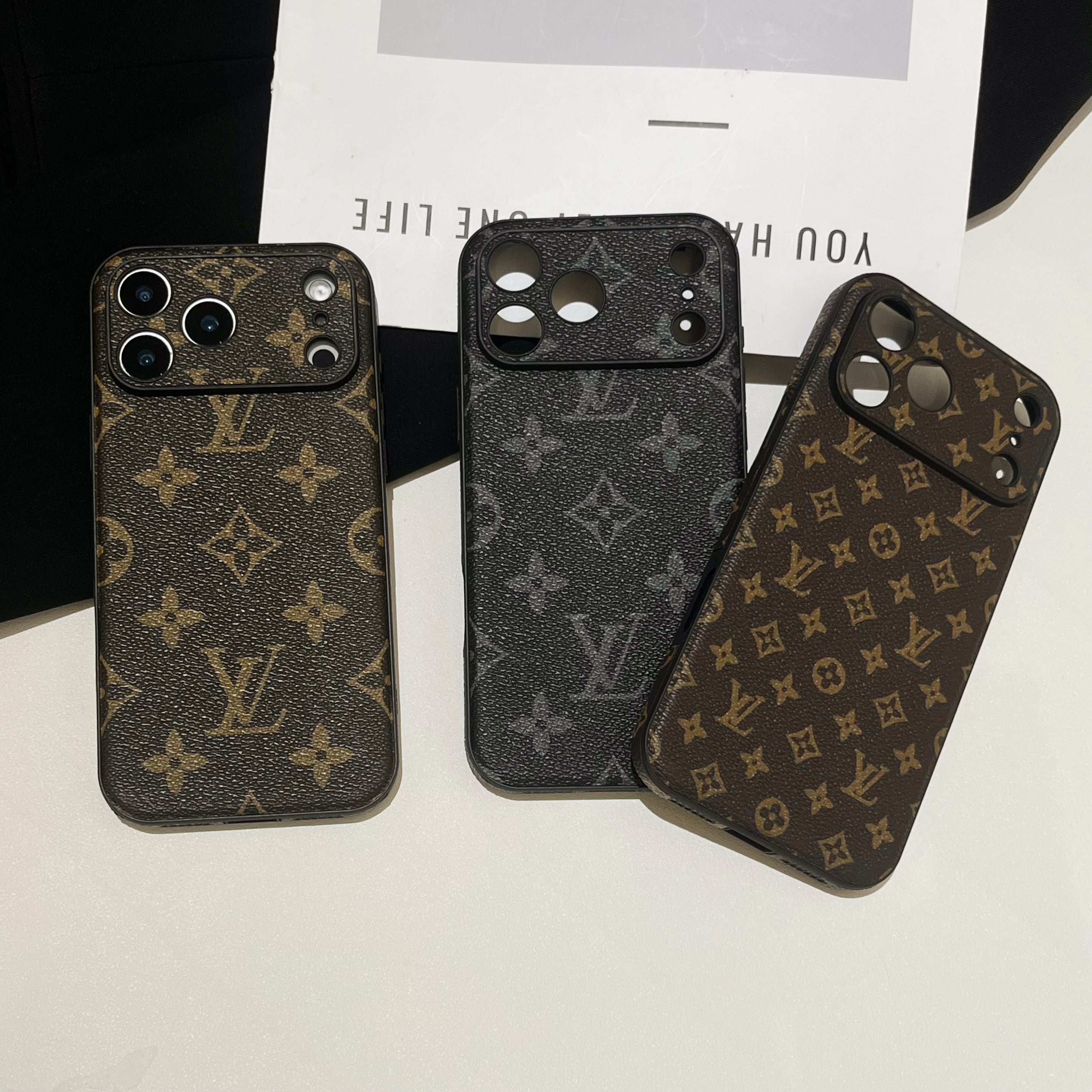 Black Leather Monogram iPhone Case For iPhone 17 Series-CRK251450