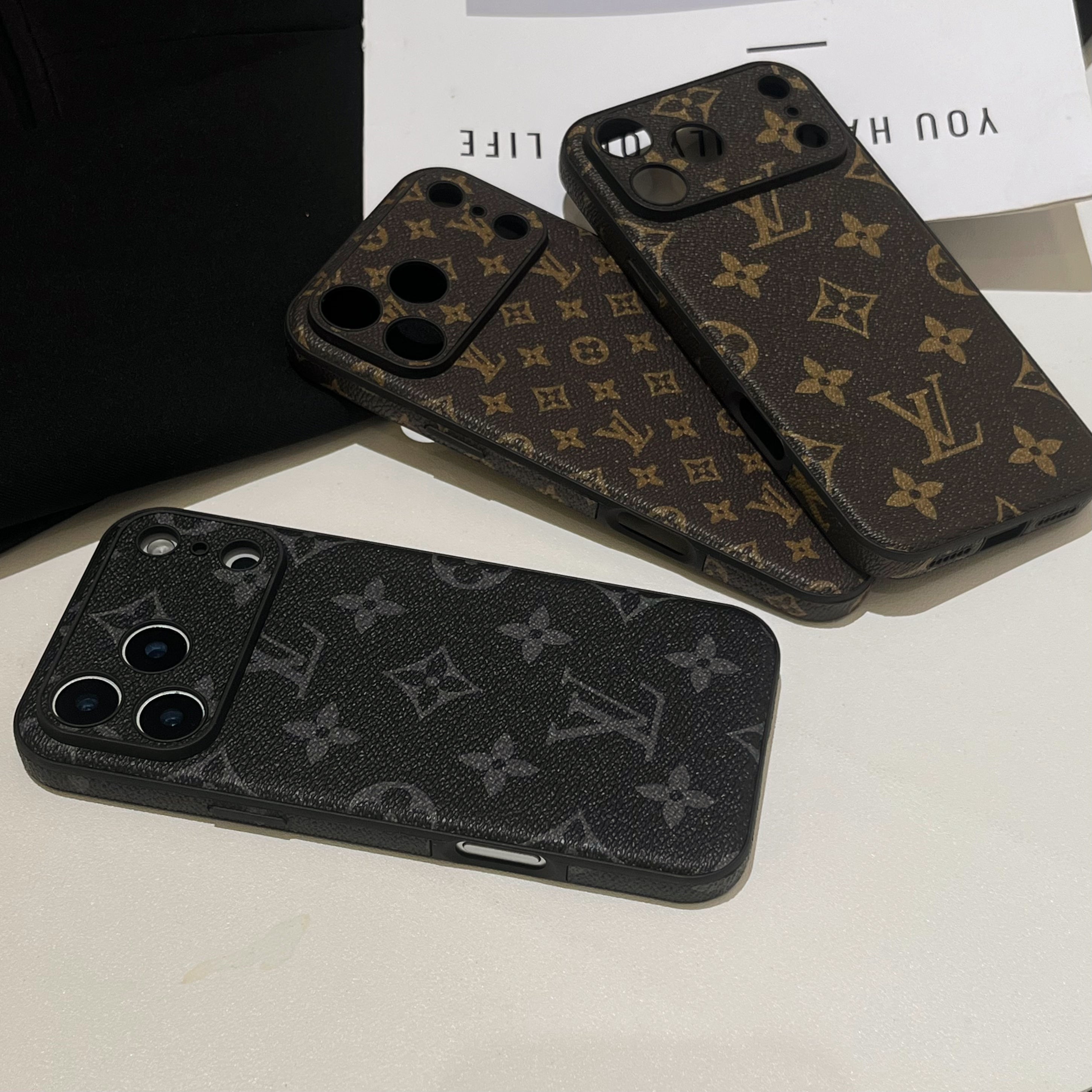 Black Leather Monogram iPhone Case For iPhone 17 Series-CRK251450