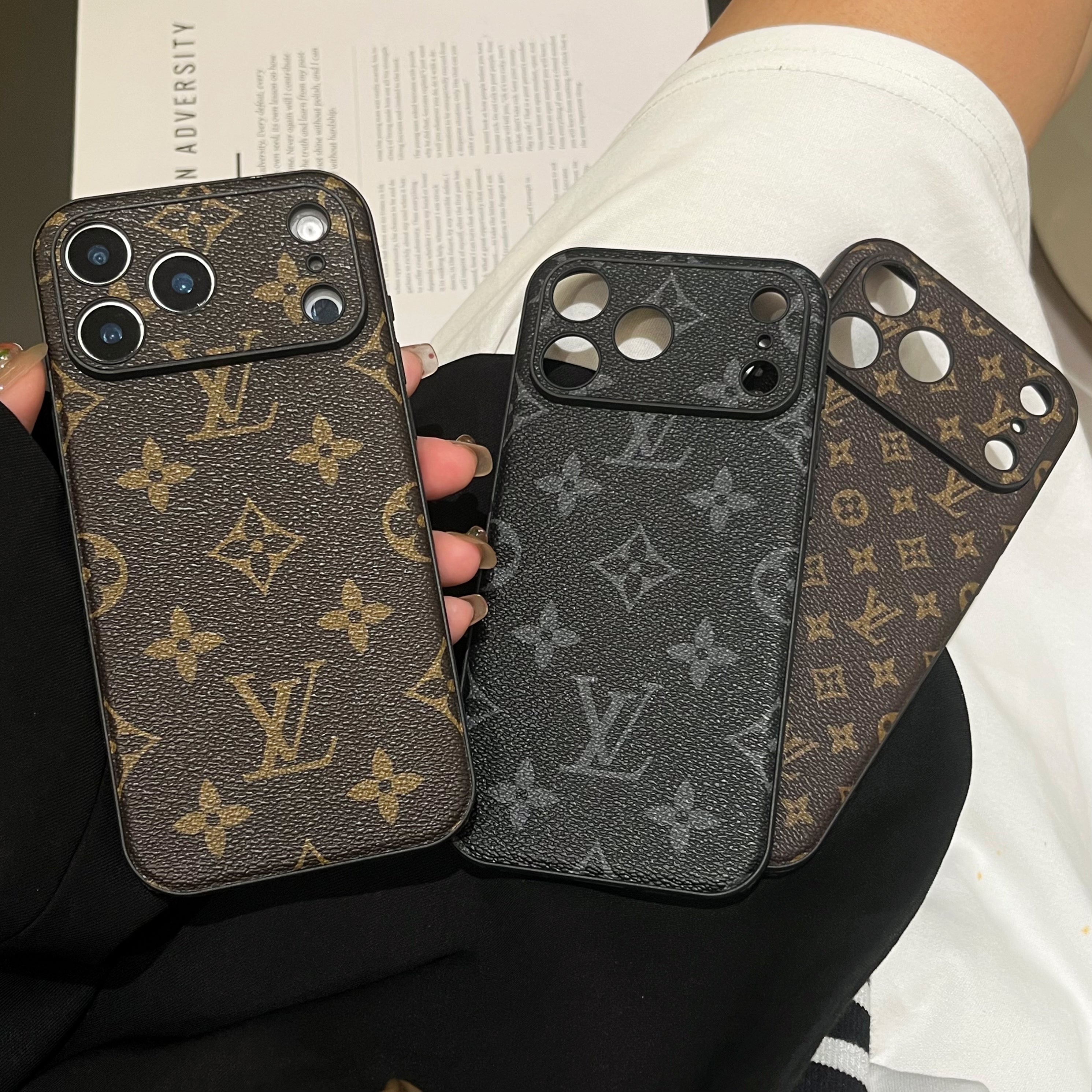 Black Leather Monogram iPhone Case For iPhone 17 Series-CRK251450