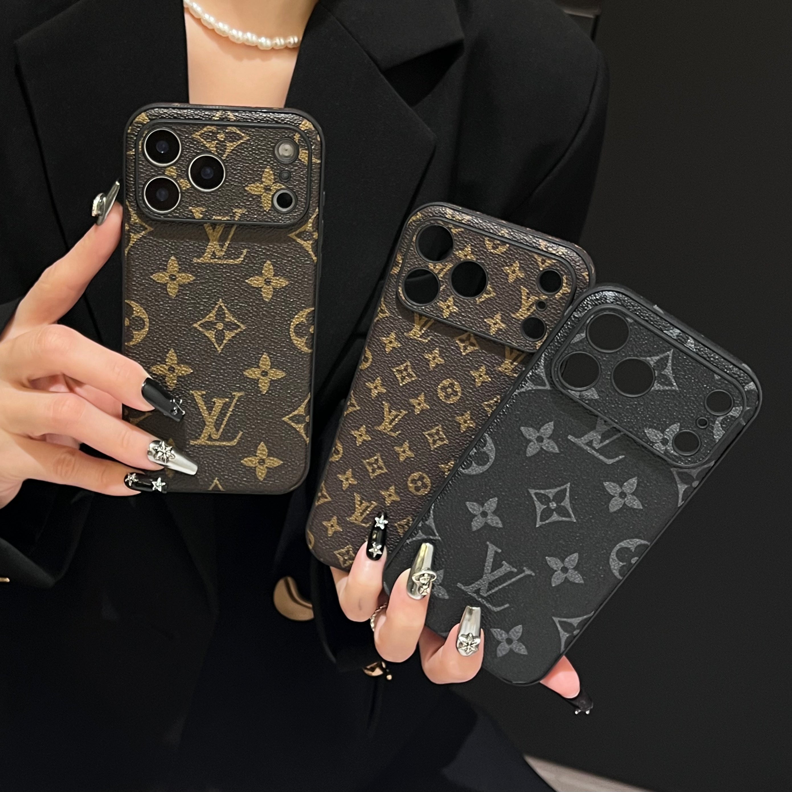 Black Leather Monogram iPhone Case For iPhone 17 Series-CRK251450
