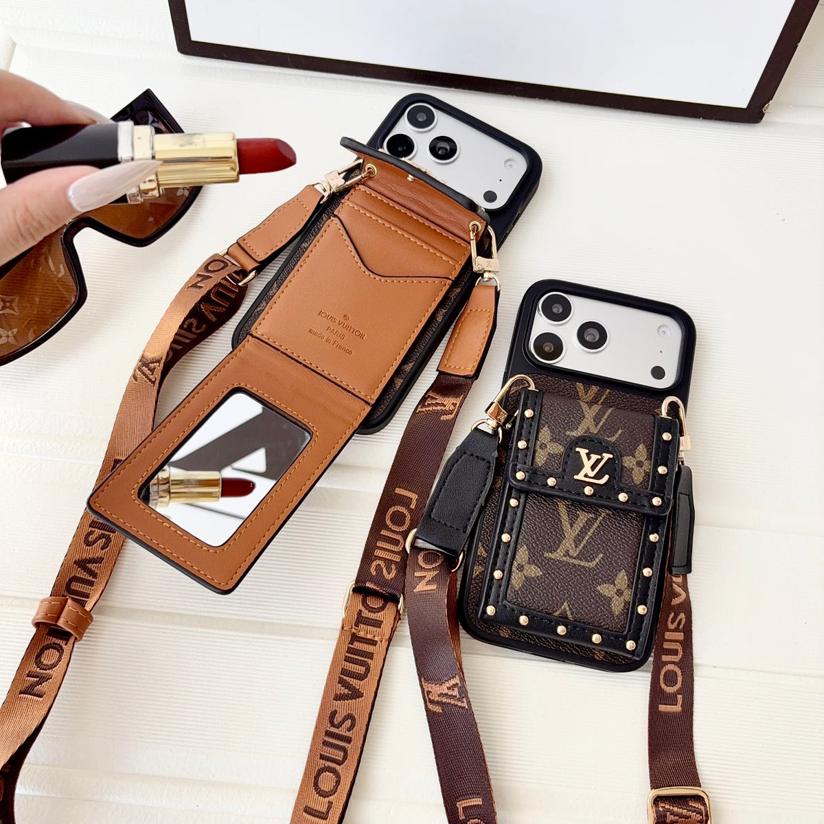 Premium Leather Monogram iPhone Case With Card Holder And Crossbody Strap For iPhone 17 Series-CYLV211