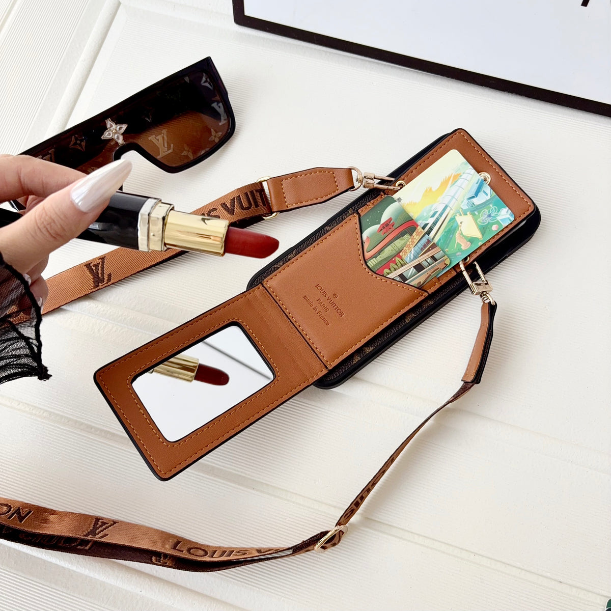 Premium Leather Monogram iPhone Case With Card Holder And Crossbody Strap For iPhone 17 Series-CYLV211
