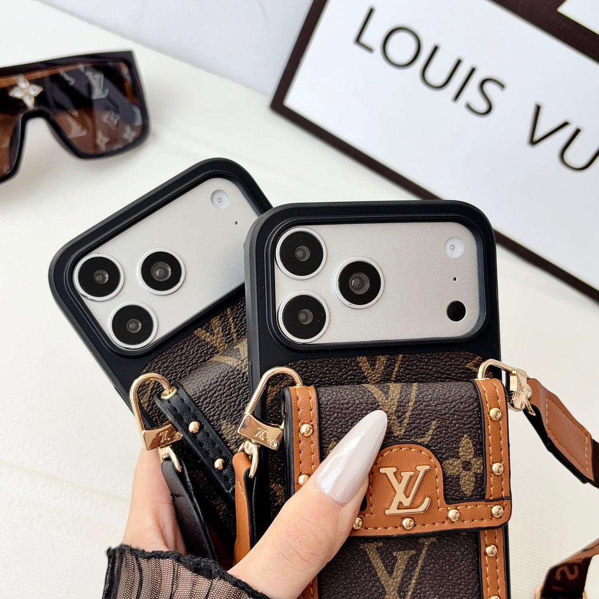 Premium Leather Monogram iPhone Case With Card Holder And Crossbody Strap For iPhone 17 Series-CYLV211