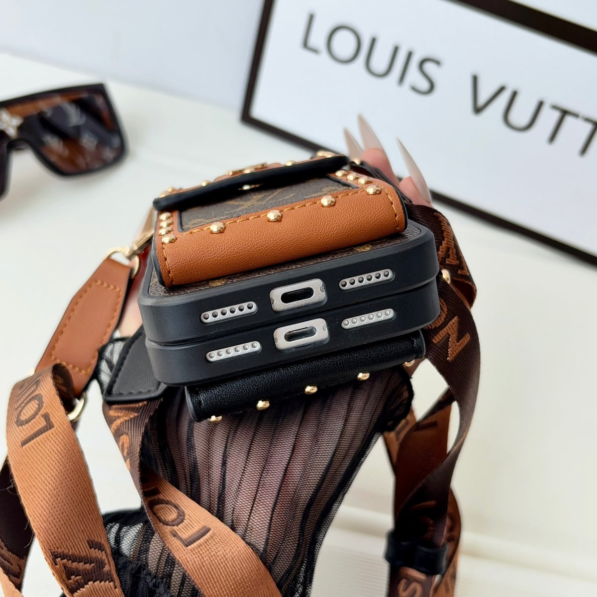 Premium Leather Monogram iPhone Case With Card Holder And Crossbody Strap For iPhone 17 Series-CYLV211