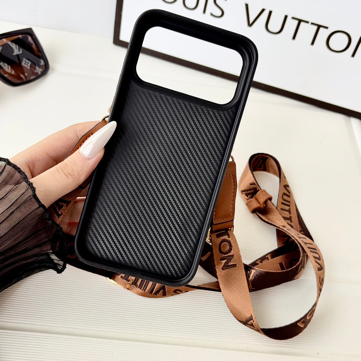 Premium Leather Monogram iPhone Case With Card Holder And Crossbody Strap For iPhone 17 Series-CYLV211