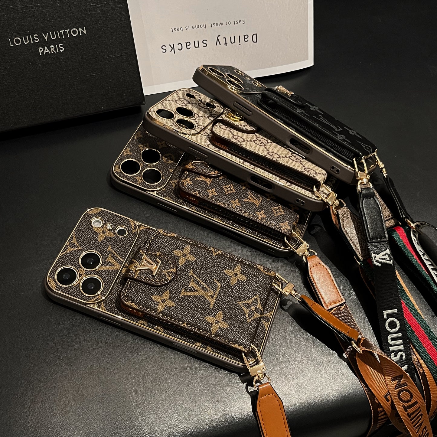 Elegant Leather Monogram iPhone Case With Card Holder And Strap For iPhone 17 Series-CYLV007