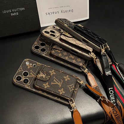 Elegant Leather Monogram iPhone Case With Card Holder And Strap For iPhone 17 Series-CYLV007
