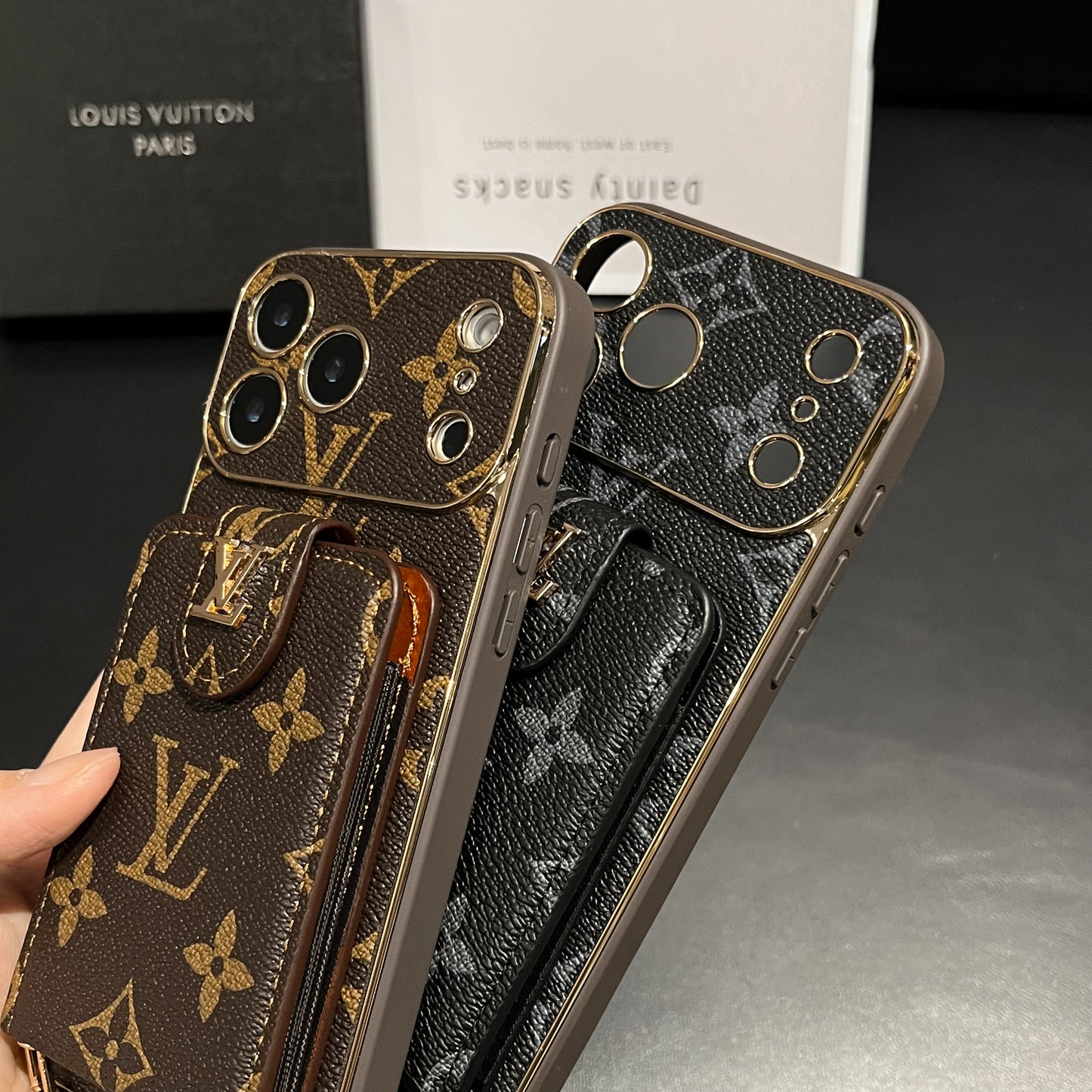 Elegant Leather Monogram iPhone Case With Card Holder And Strap For iPhone 17 Series-CYLV007