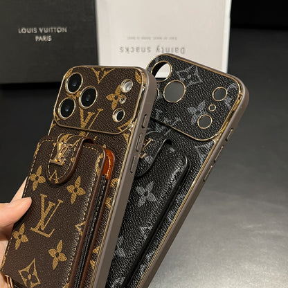 Elegant Leather Monogram iPhone Case With Card Holder And Strap For iPhone 17 Series-CYLV007