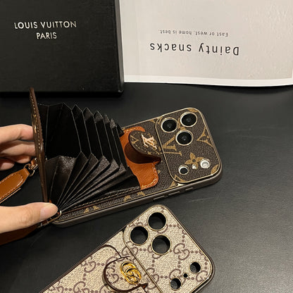 Elegant Leather Monogram iPhone Case With Card Holder And Strap For iPhone 17 Series-CYLV007