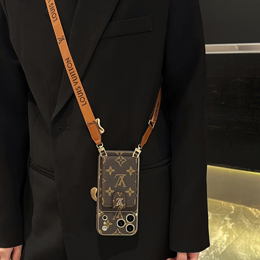 Elegant Leather Monogram iPhone Case With Card Holder And Strap For iPhone 17 Series-CYLV007