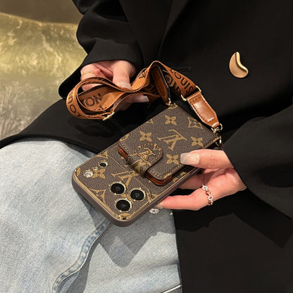 Elegant Leather Monogram iPhone Case With Card Holder And Strap For iPhone 17 Series-CYLV007