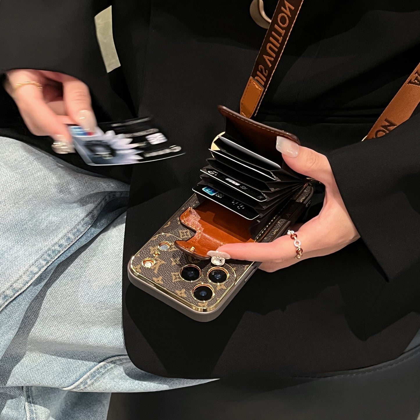 Elegant Leather Monogram iPhone Case With Card Holder And Strap For iPhone 17 Series-CYLV007