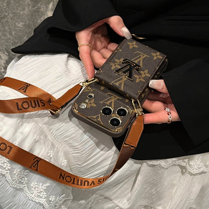 Leather Monogram iPhone Case With Card Holder And Strap For iPhone 17 Series-CYLV004