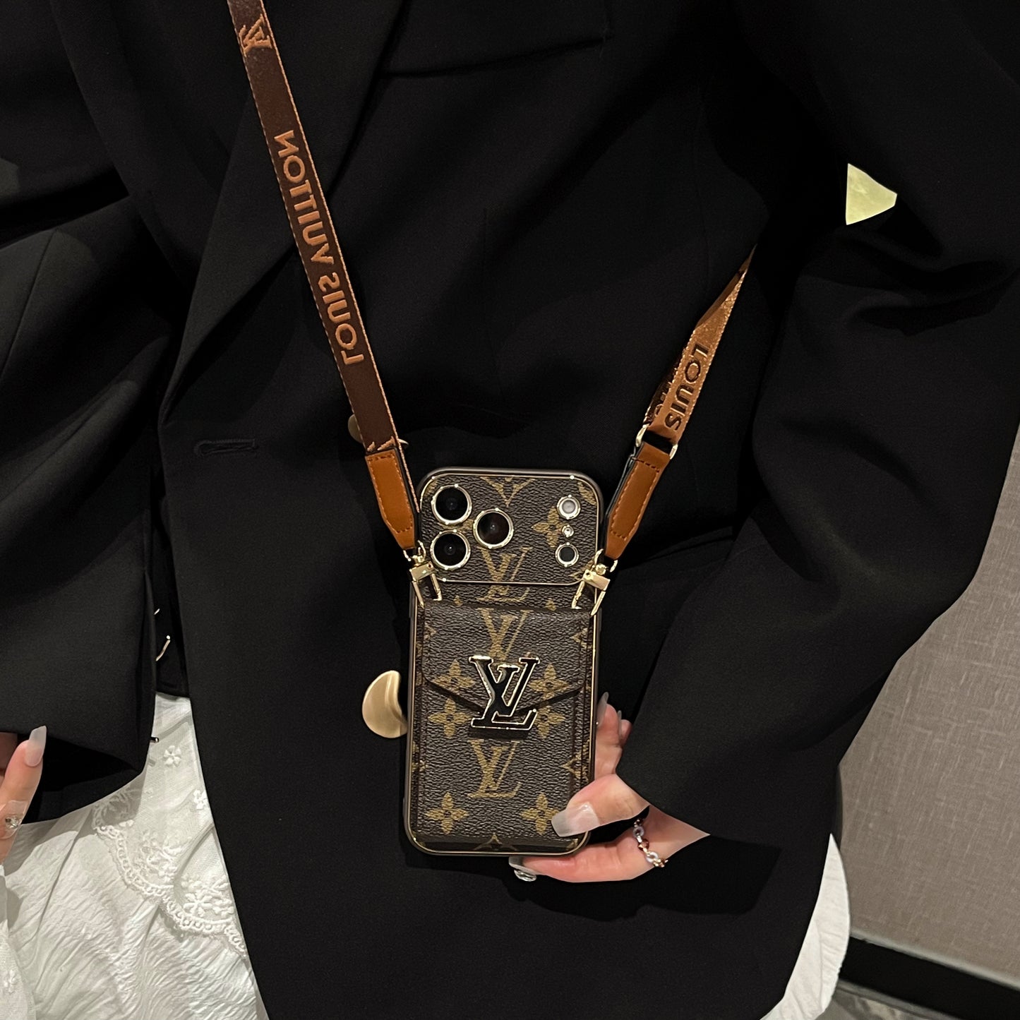 Leather Monogram iPhone Case With Card Holder And Strap For iPhone 17 Series-CYLV004