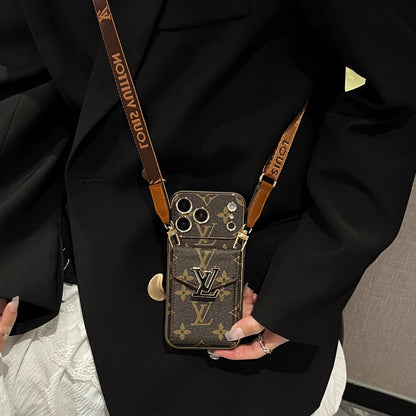 Leather Monogram iPhone Case With Card Holder And Strap For iPhone 17 Series-CYLV004