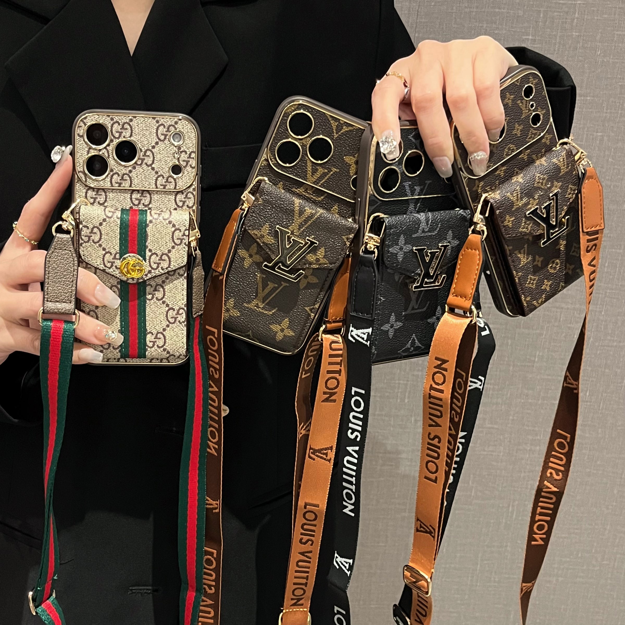 Premium  Leather GG iPhone Case With Card Wallet And Crossbody Strap For iPhone 17 Series-CYGG144