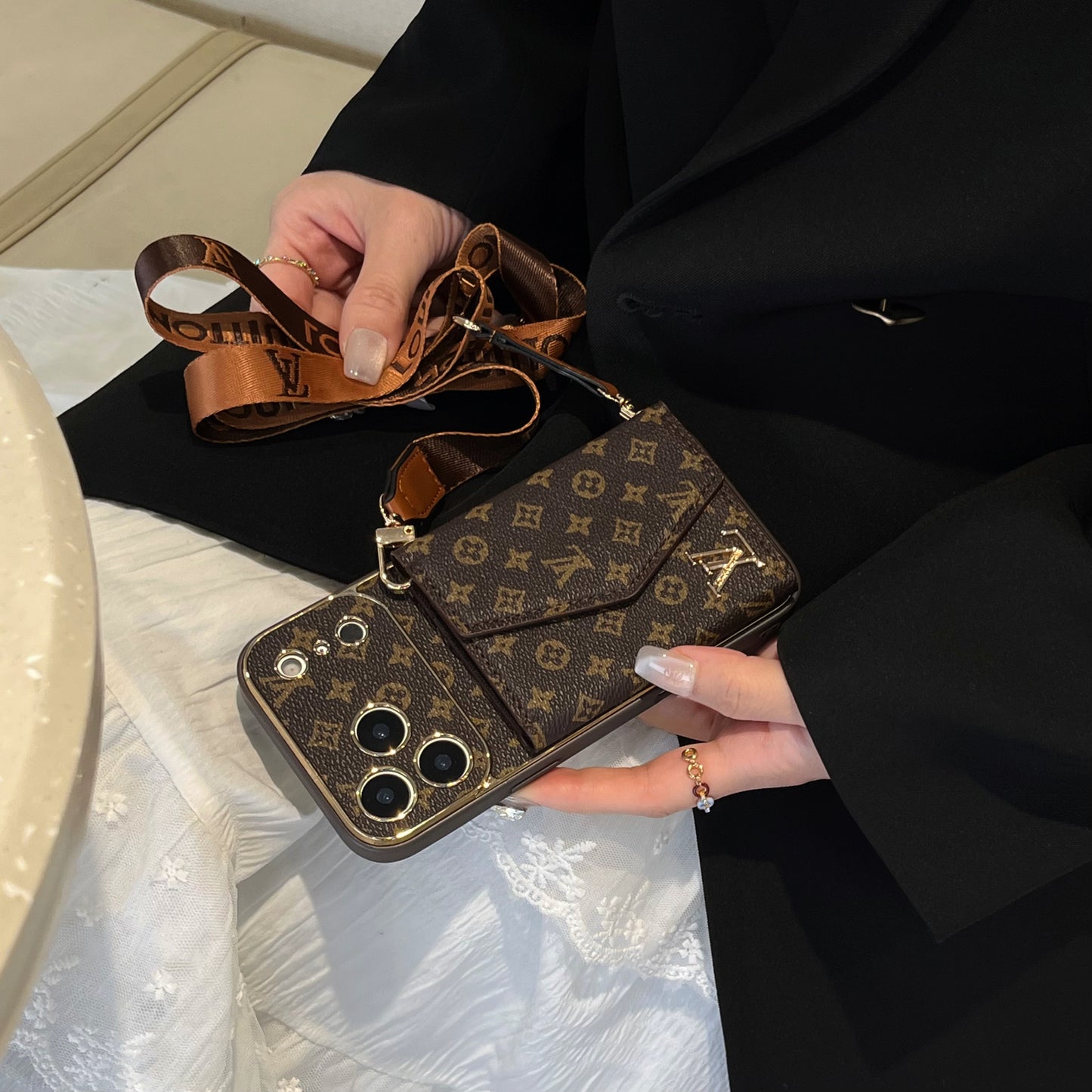 Luxury Monogram iPhone Case With Card Holder And Strap For iPhone 17 Series-CYLV002