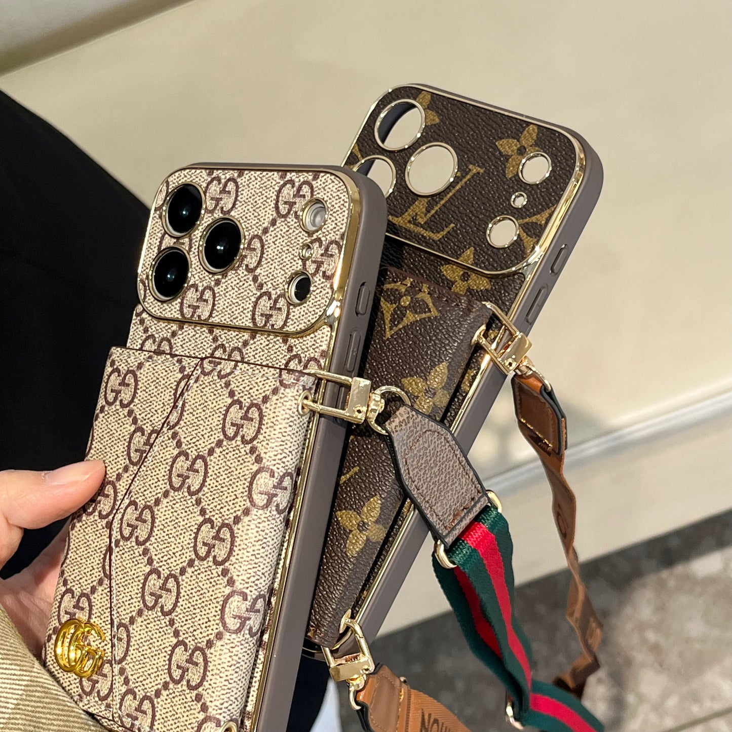 Premium GG iPhone Case With Wallet And Crossbody Strap For iPhone 17 Series-CYGG003