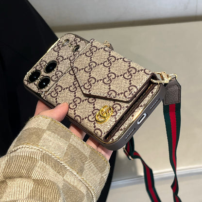 Premium GG iPhone Case With Wallet And Crossbody Strap For iPhone 17 Series-CYGG003