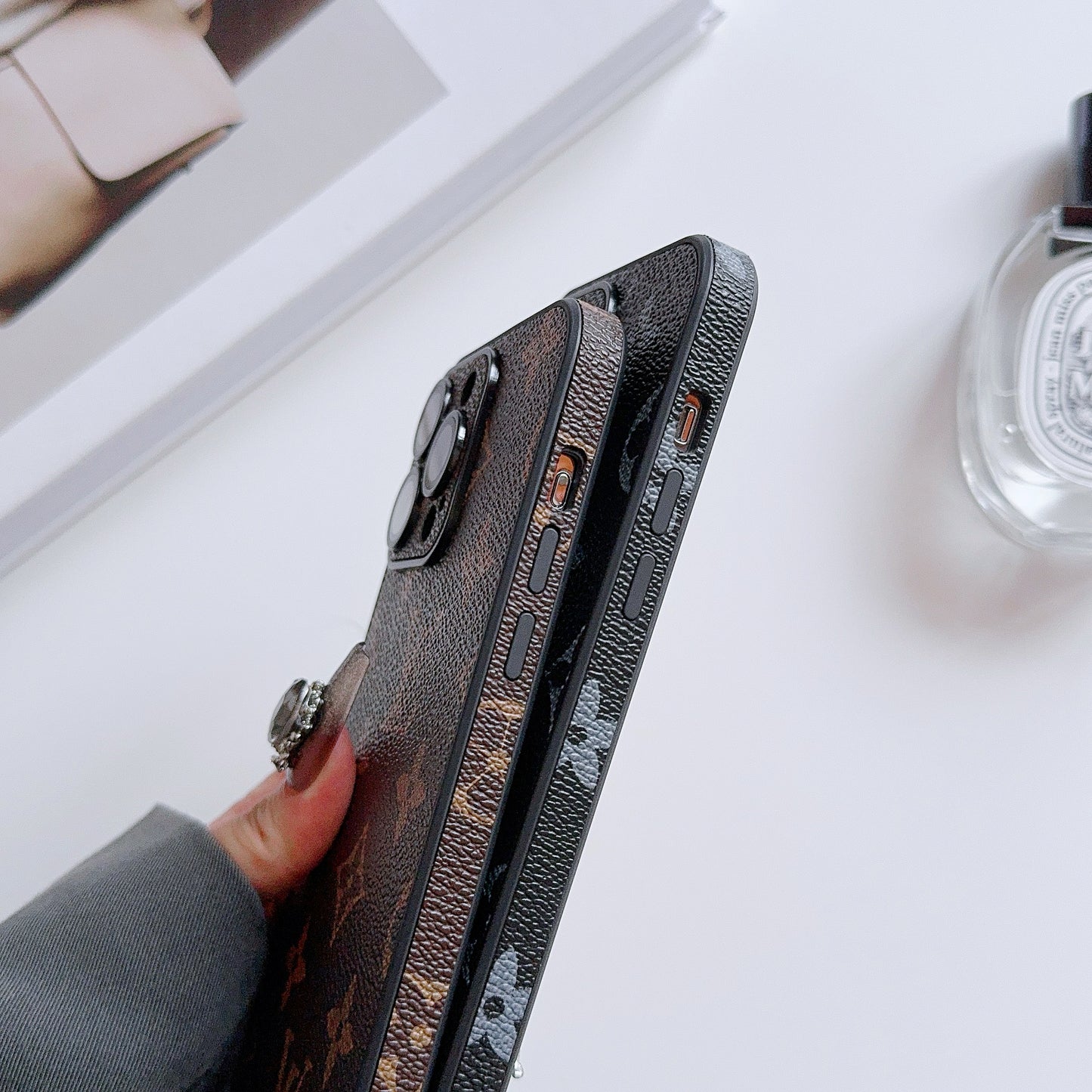 Leather Monogram iPhone Case With Lens Protection Black Printing -CEK251736