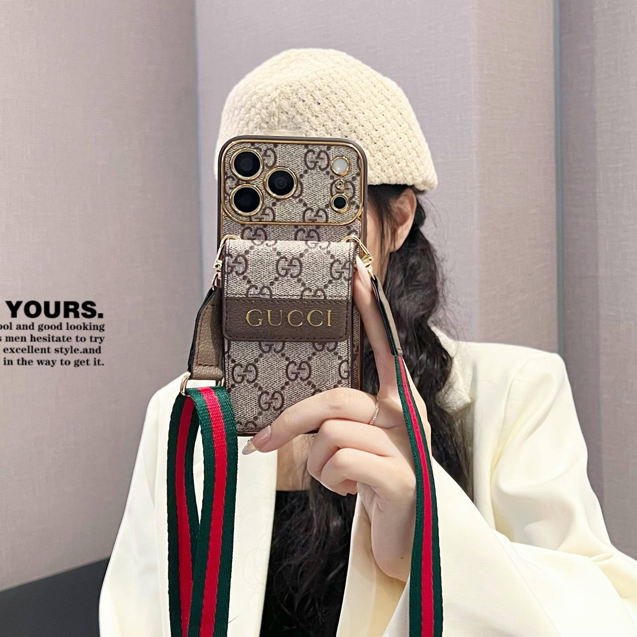Premium  Leather GG iPhone Case With Card Wallet And Crossbody Strap For iPhone 17 Series-CYGG147