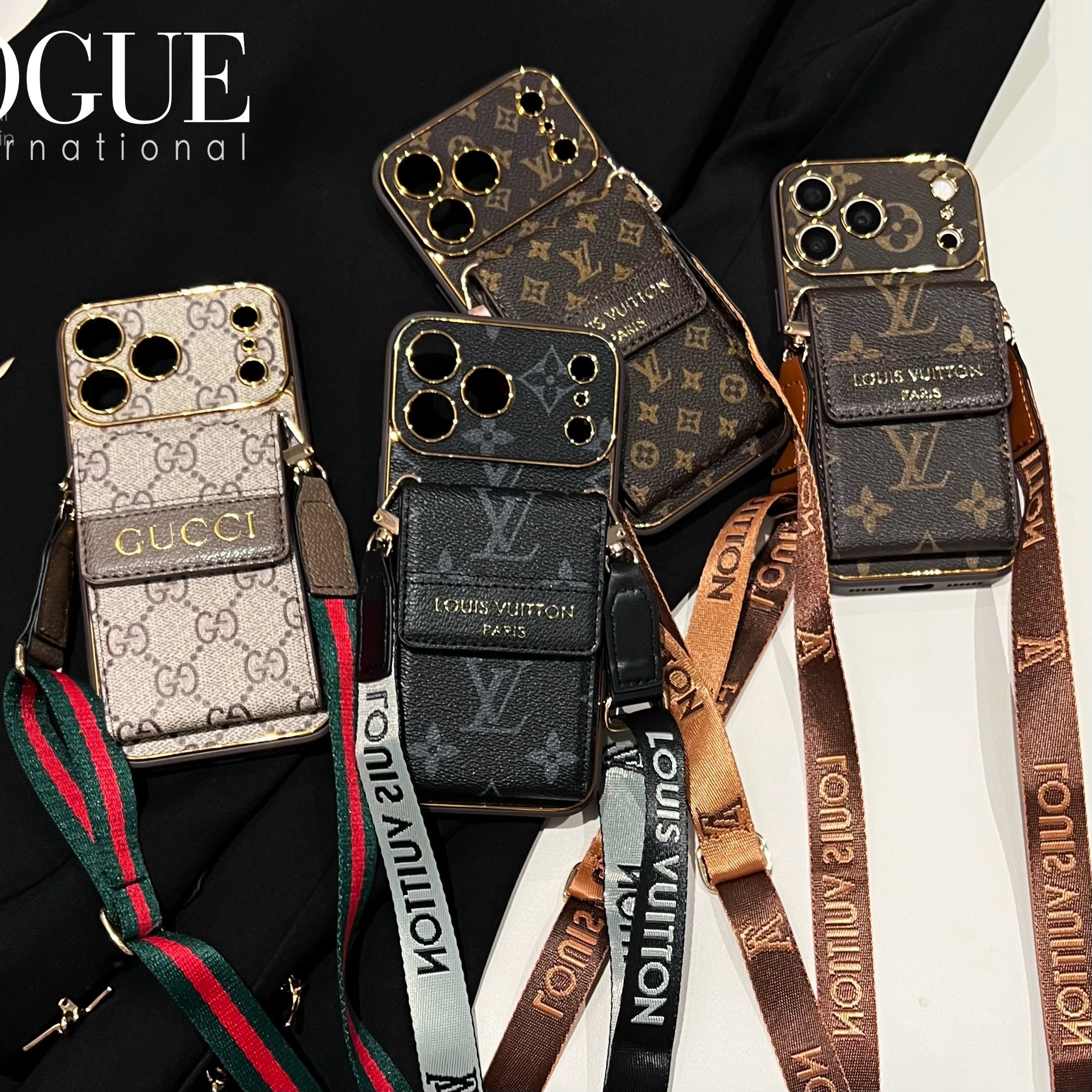 Premium  Leather GG iPhone Case With Card Wallet And Crossbody Strap For iPhone 17 Series-CYGG147