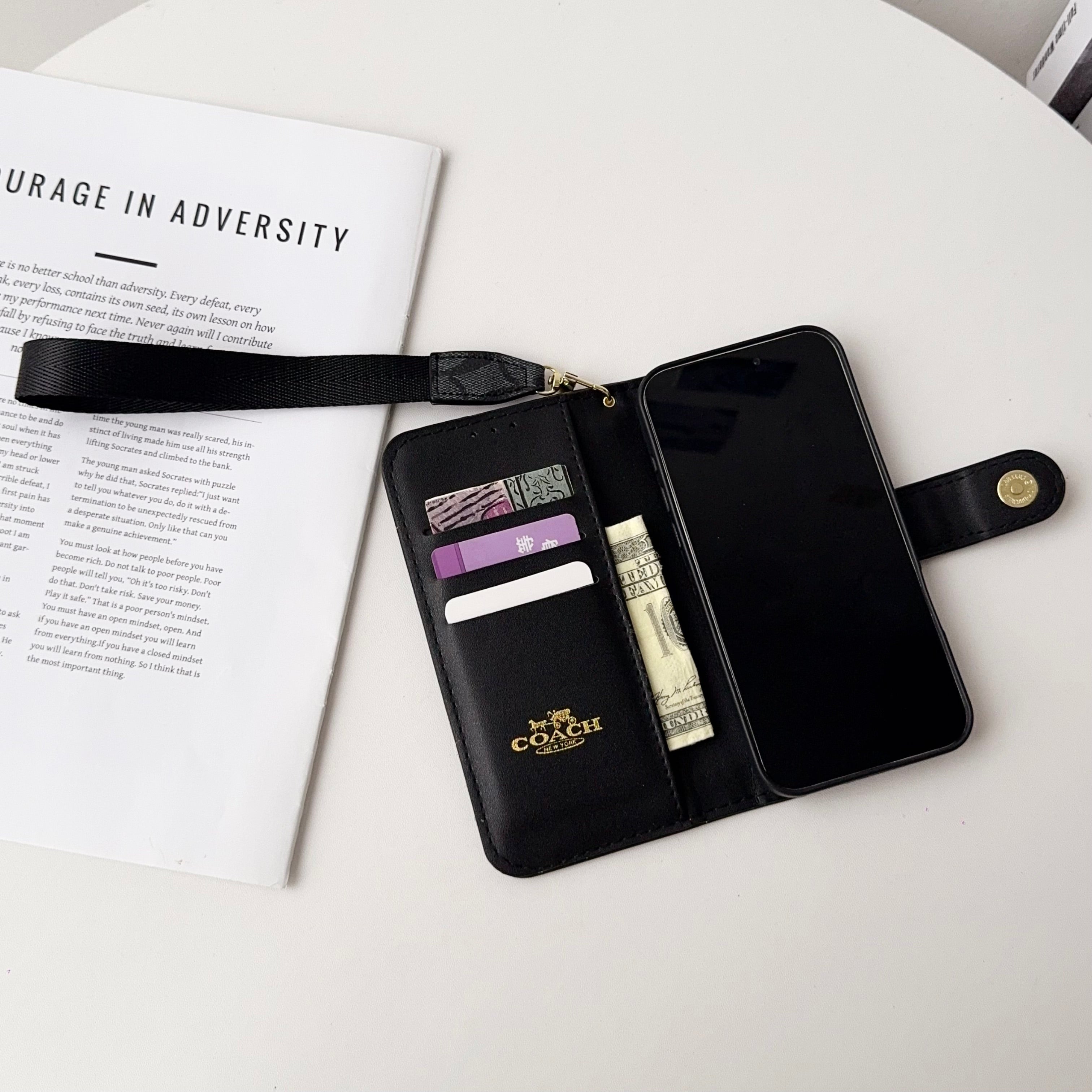 Premium Leather CH iPhone Case With Card Holder And Strap-CFPL001