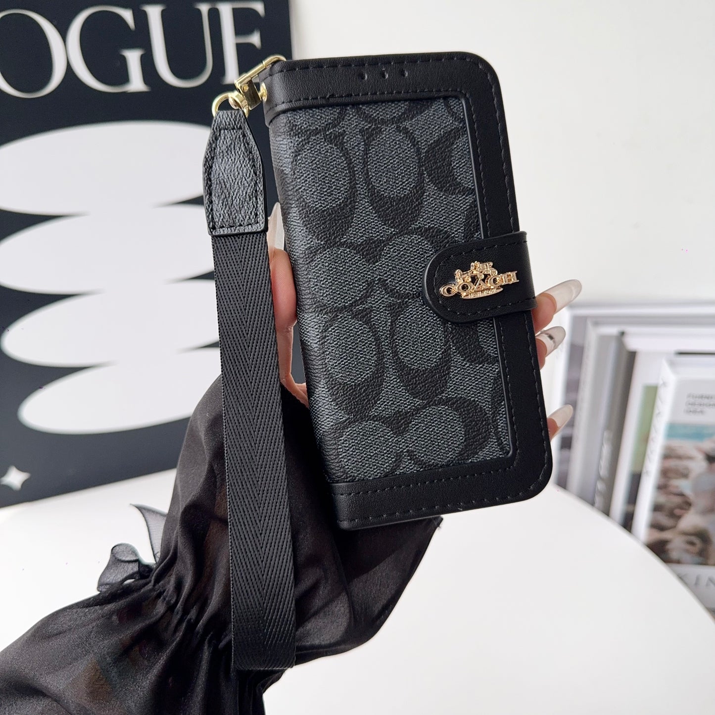 Premium Leather CH iPhone Case With Card Holder And Strap-CFPL001