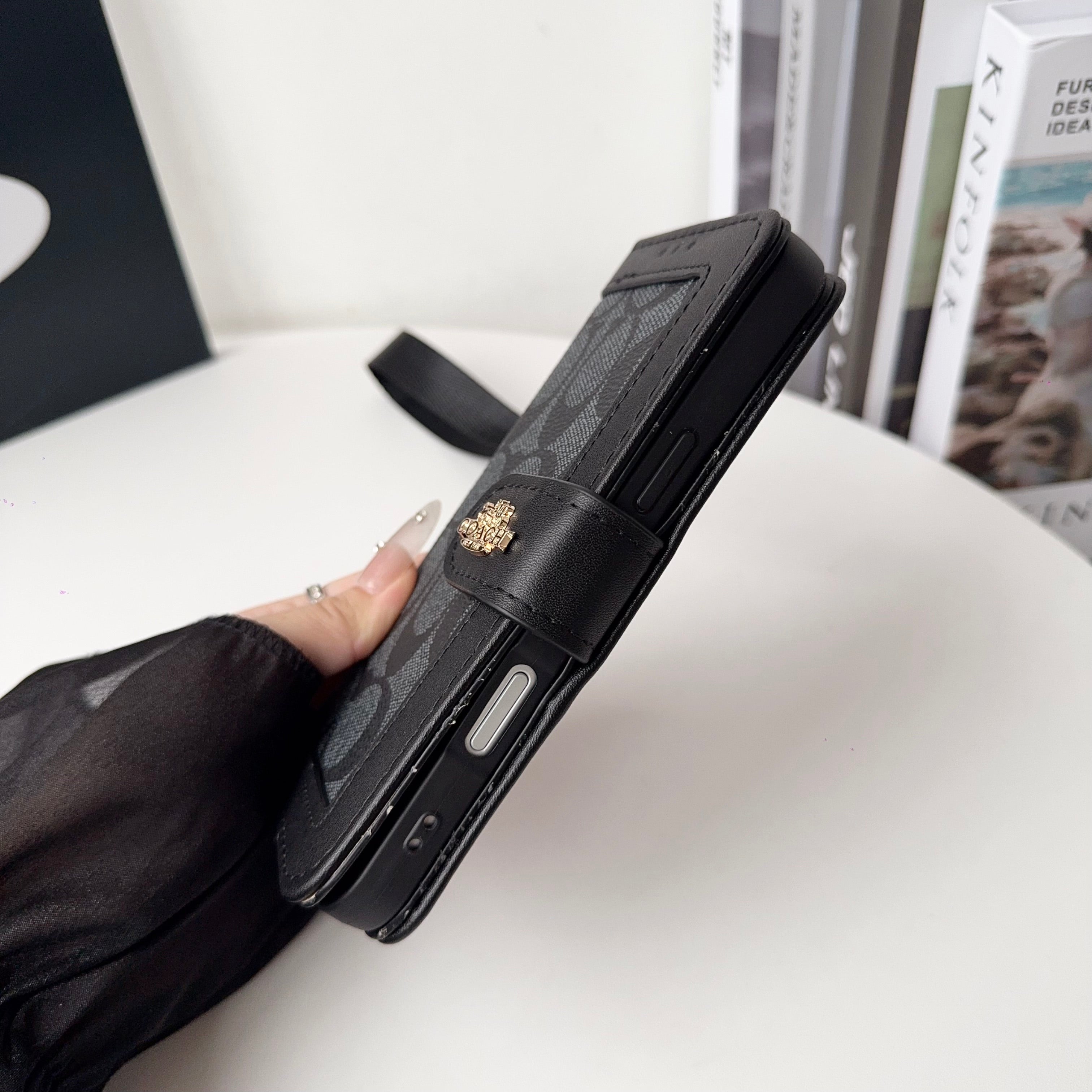 Premium Leather CH iPhone Case With Card Holder And Strap-CFPL001