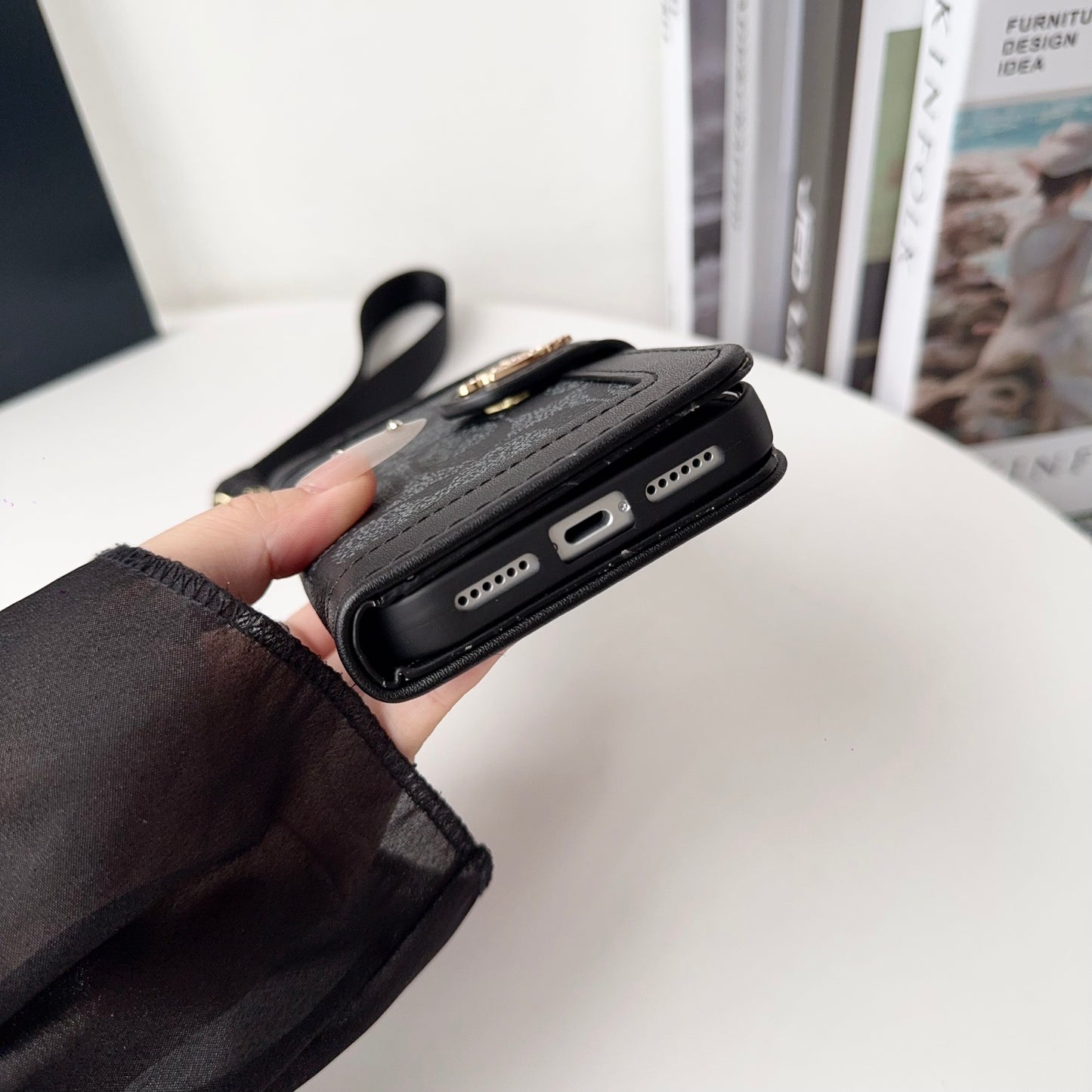 Premium Leather CH iPhone Case With Card Holder And Strap-CFPL001