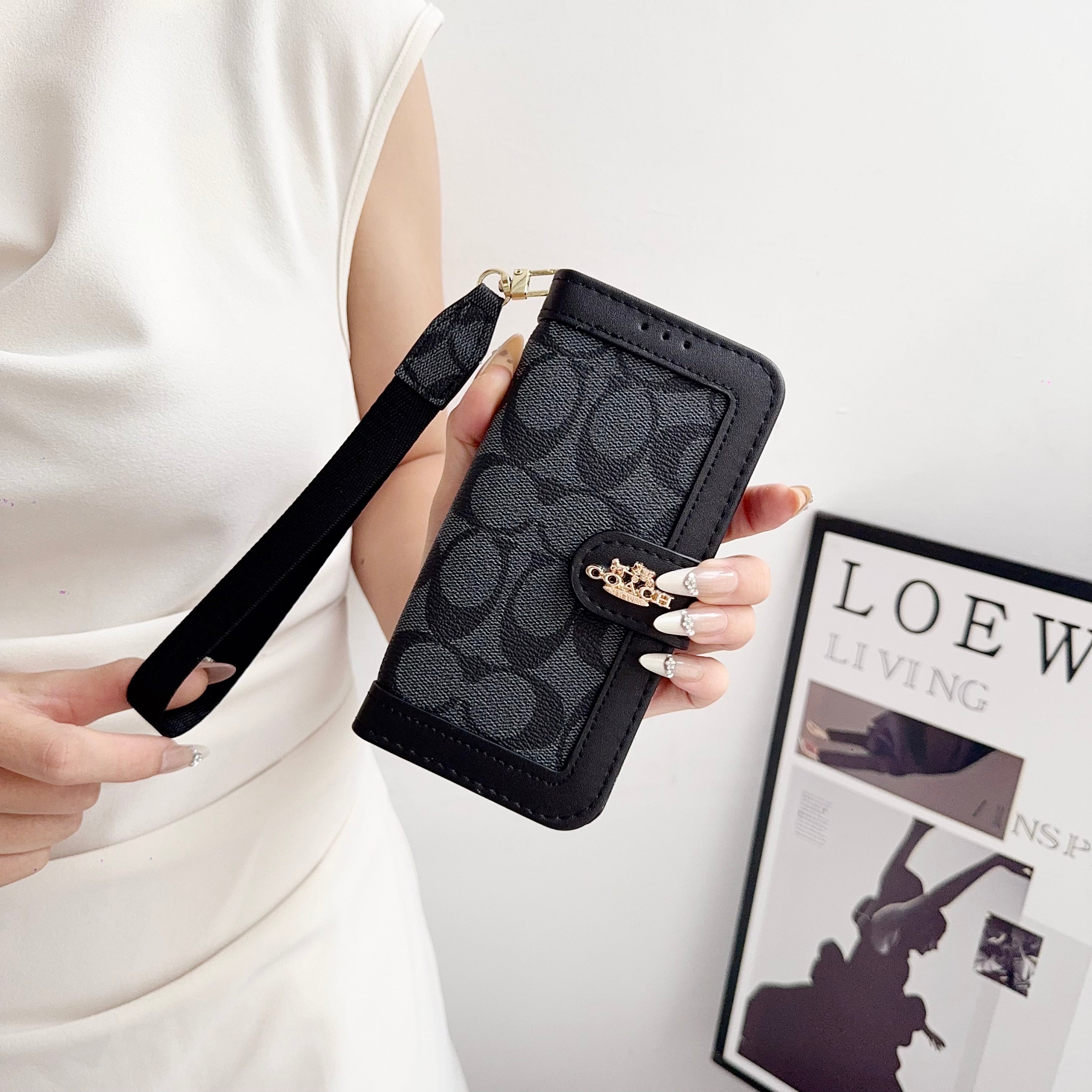 Premium Leather CH iPhone Case With Card Holder And Strap-CFPL001
