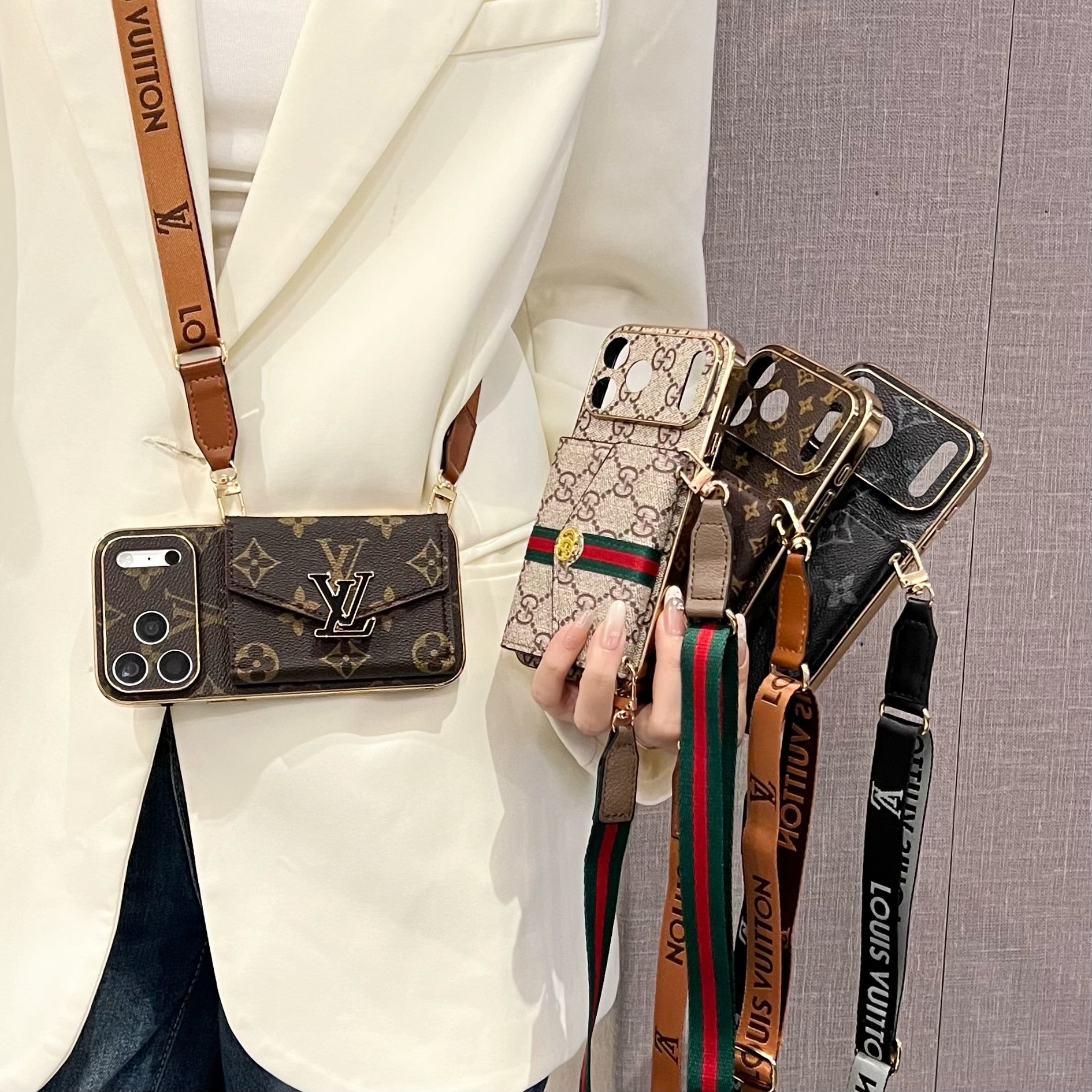 High-quality Leather  Monogram iPhone Case With Wallet And Crossbody Strap For iPhone 17 Series-CYLV150