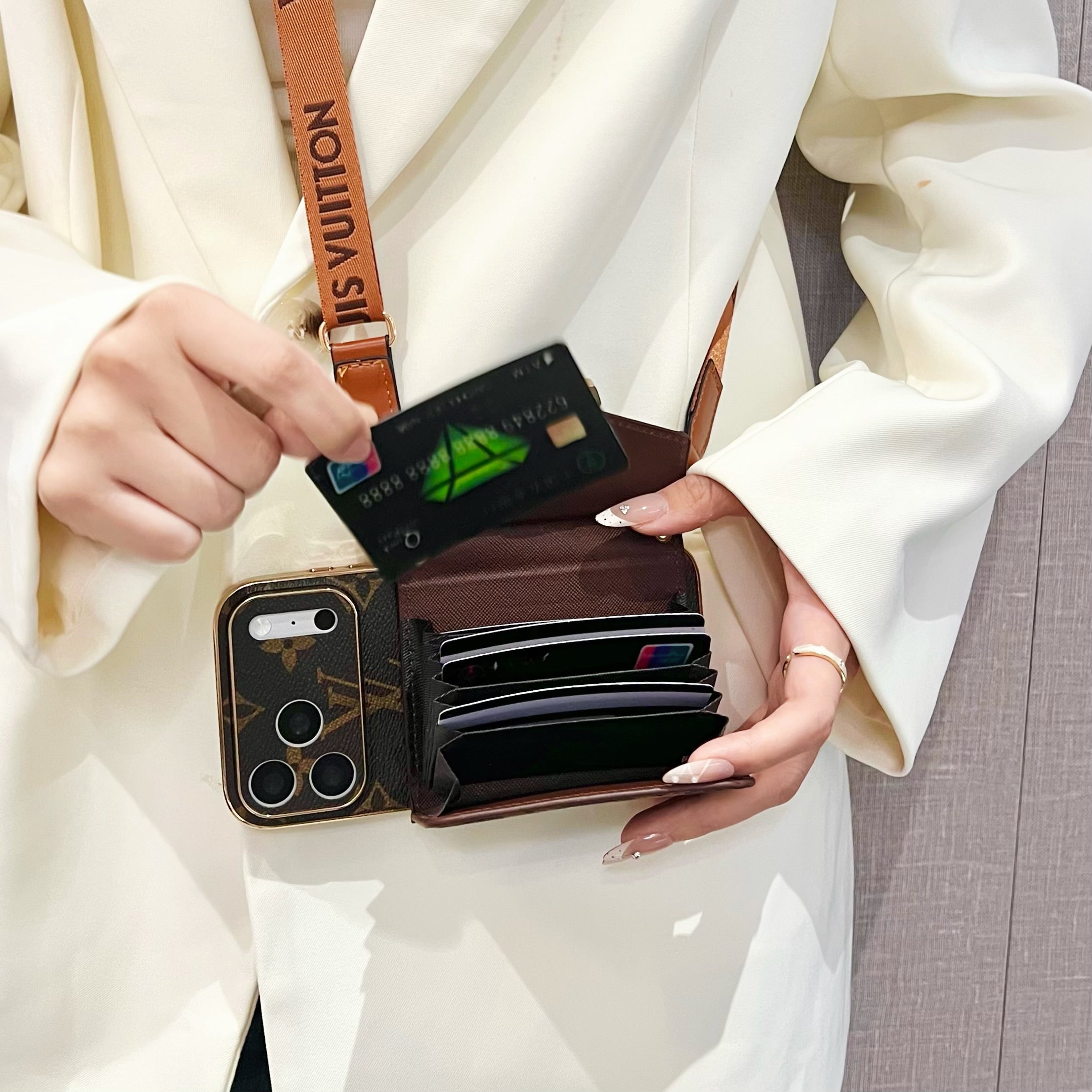 High-quality Leather  Monogram iPhone Case With Wallet And Crossbody Strap For iPhone 17 Series-CYLV150