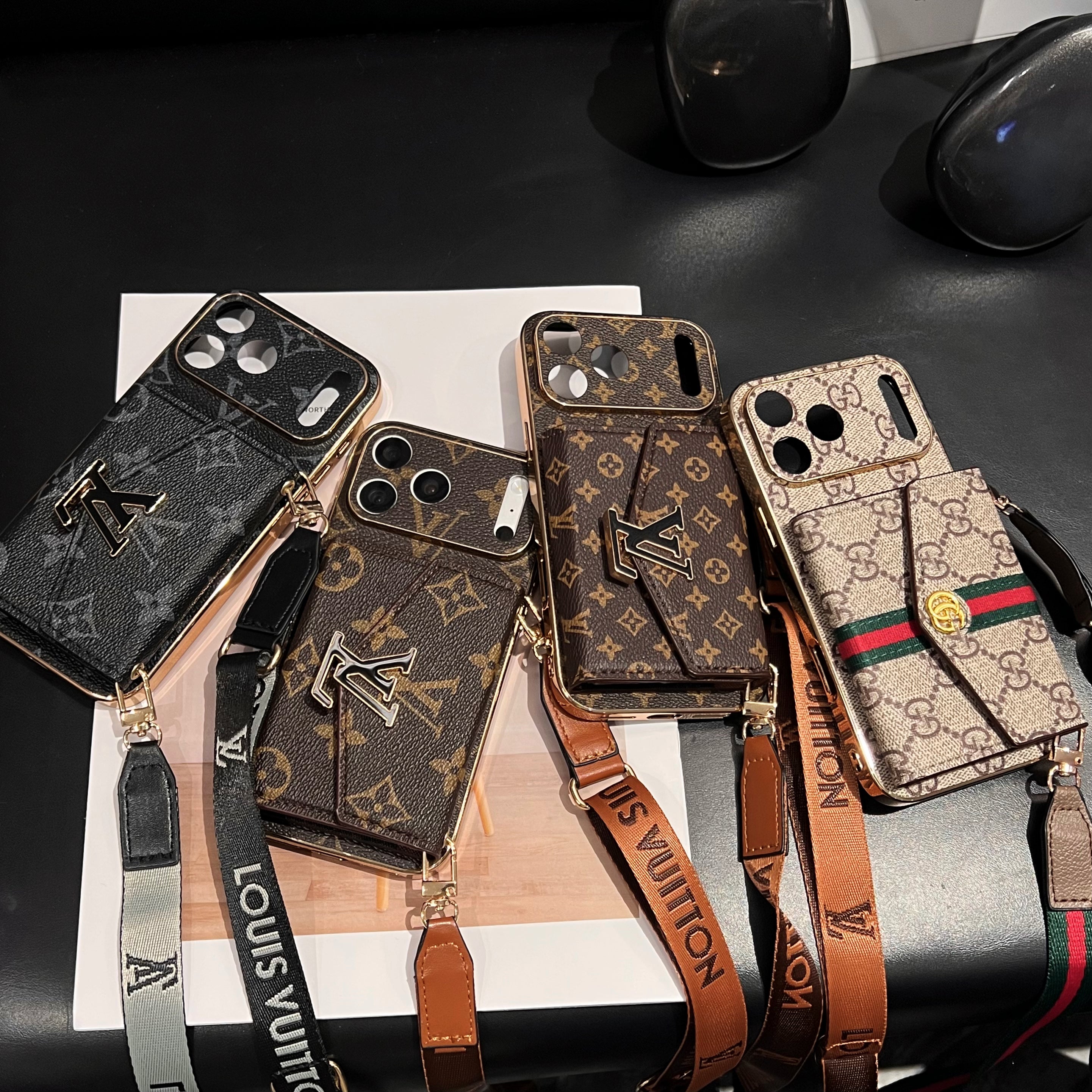 Elegant  Leather GG iPhone Case With Card Wallet And Crossbody Strap For iPhone 17 Series-CYGG149