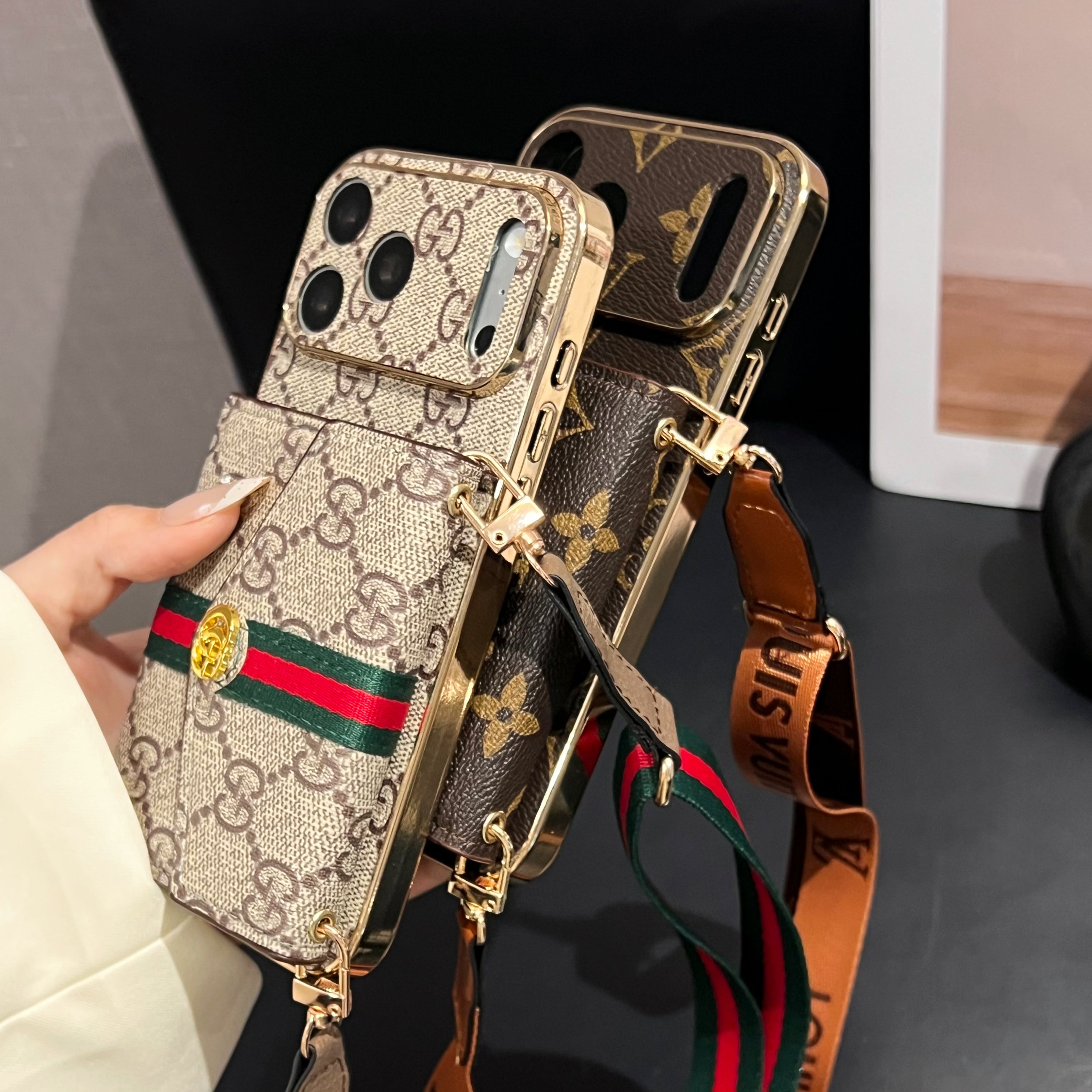 Elegant  Leather GG iPhone Case With Card Wallet And Crossbody Strap For iPhone 17 Series-CYGG149