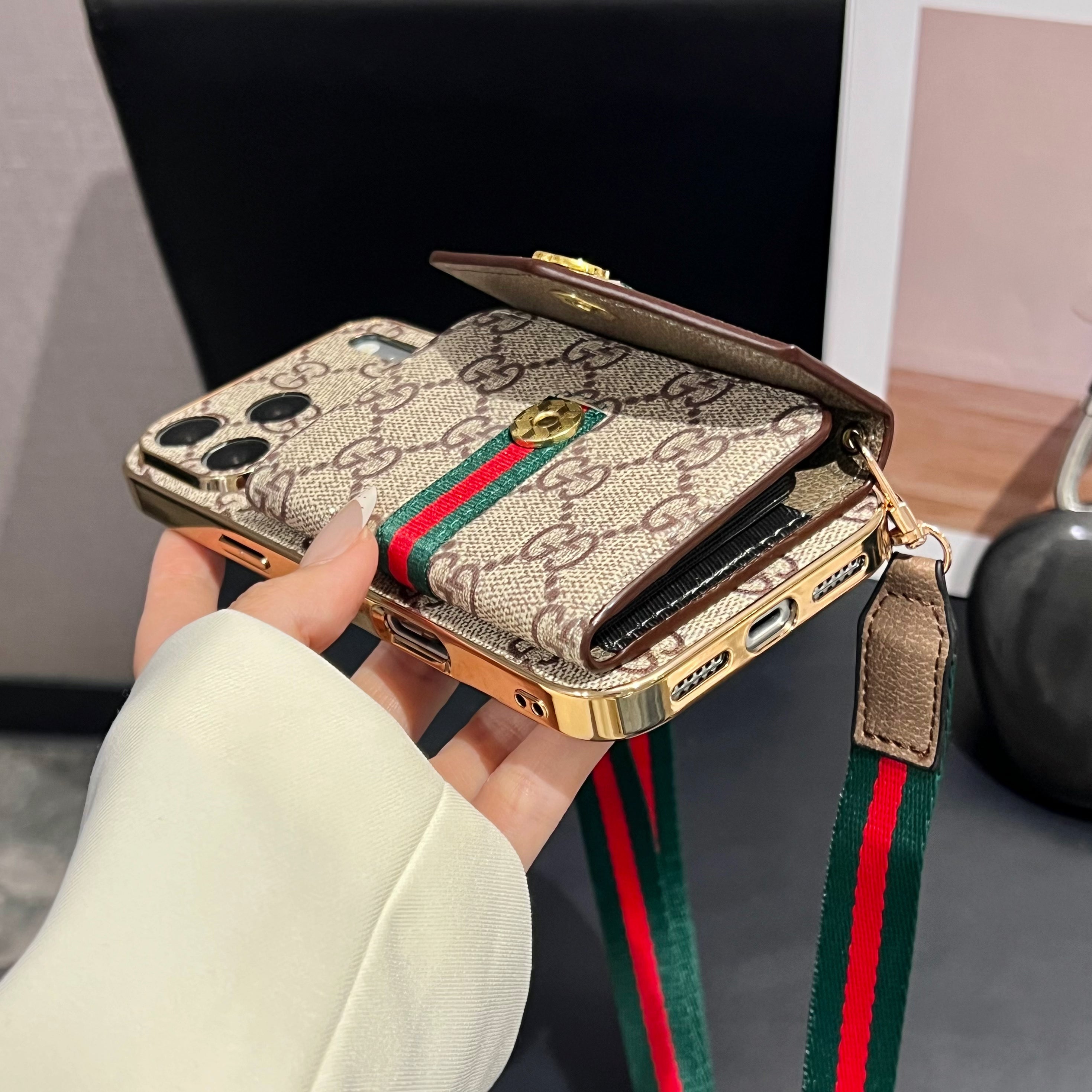 Elegant  Leather GG iPhone Case With Card Wallet And Crossbody Strap For iPhone 17 Series-CYGG149