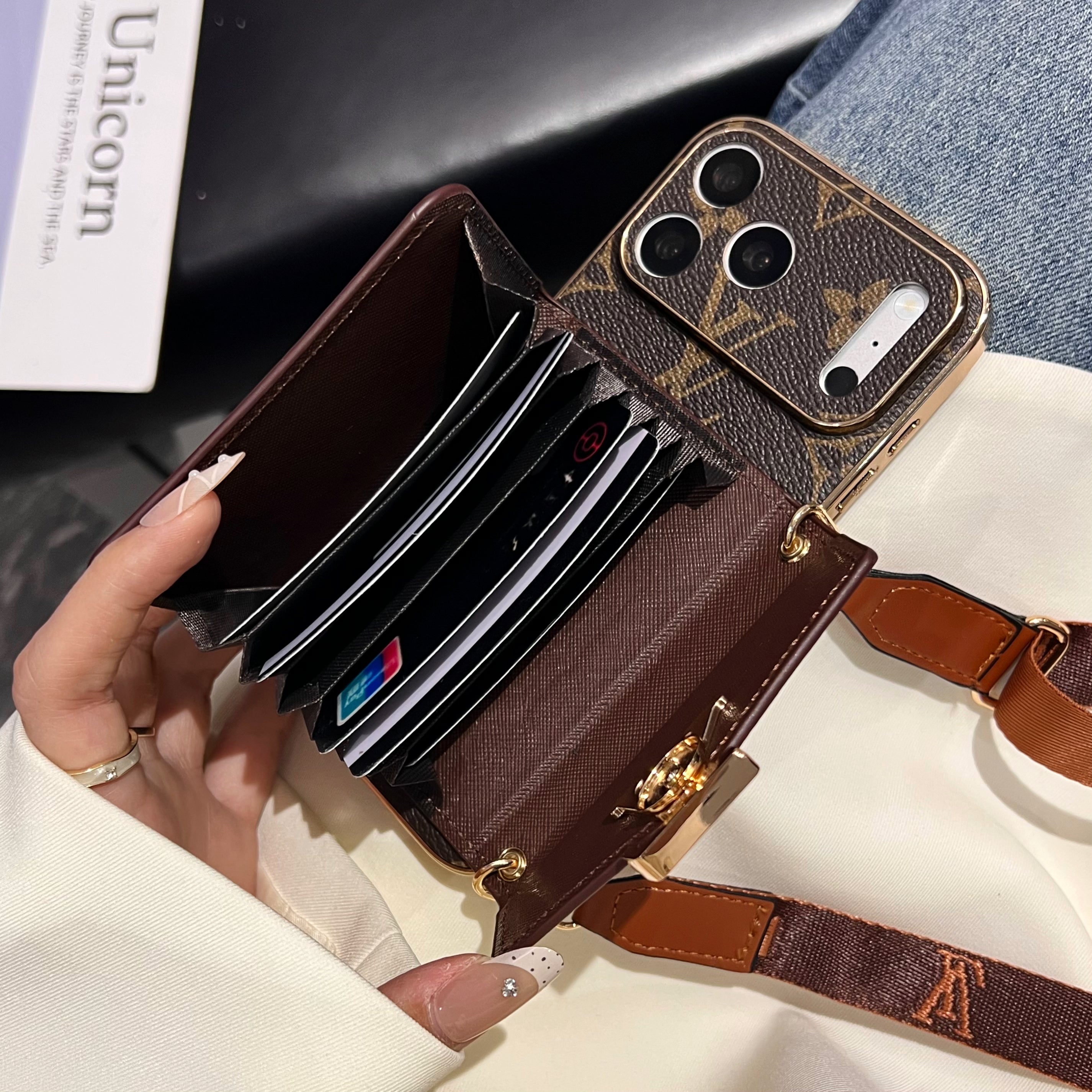 Elegant  Leather GG iPhone Case With Card Wallet And Crossbody Strap For iPhone 17 Series-CYGG149