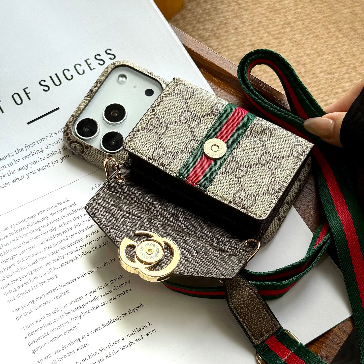 Luxury Leather GG iPhone Case With Wallet And Crossbody Strap For iPhone 17 Series-CYGG026